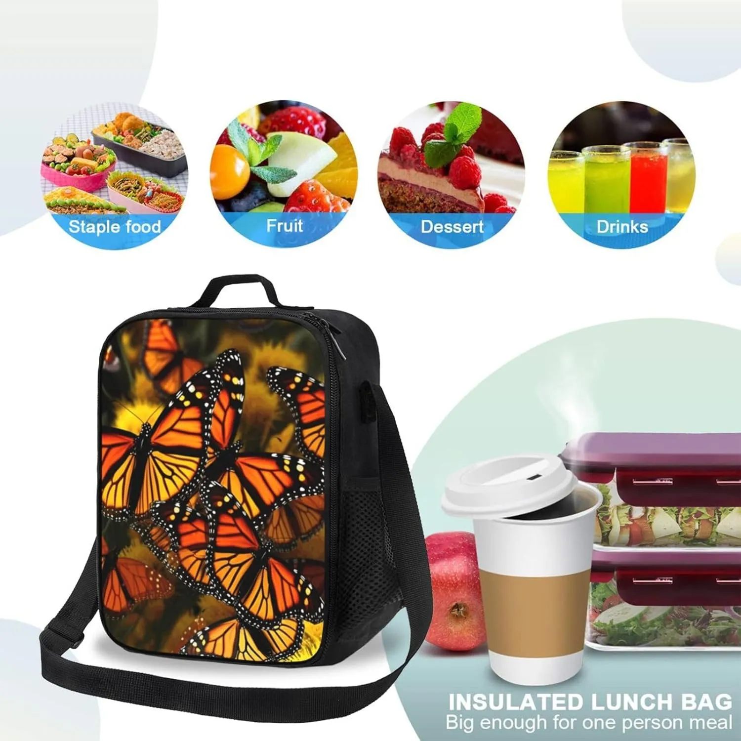 Insulated Lunch box for Men Women Reusable Lunch Bag Monarch Butterflies Cooler Tote Bags for Work Picnic