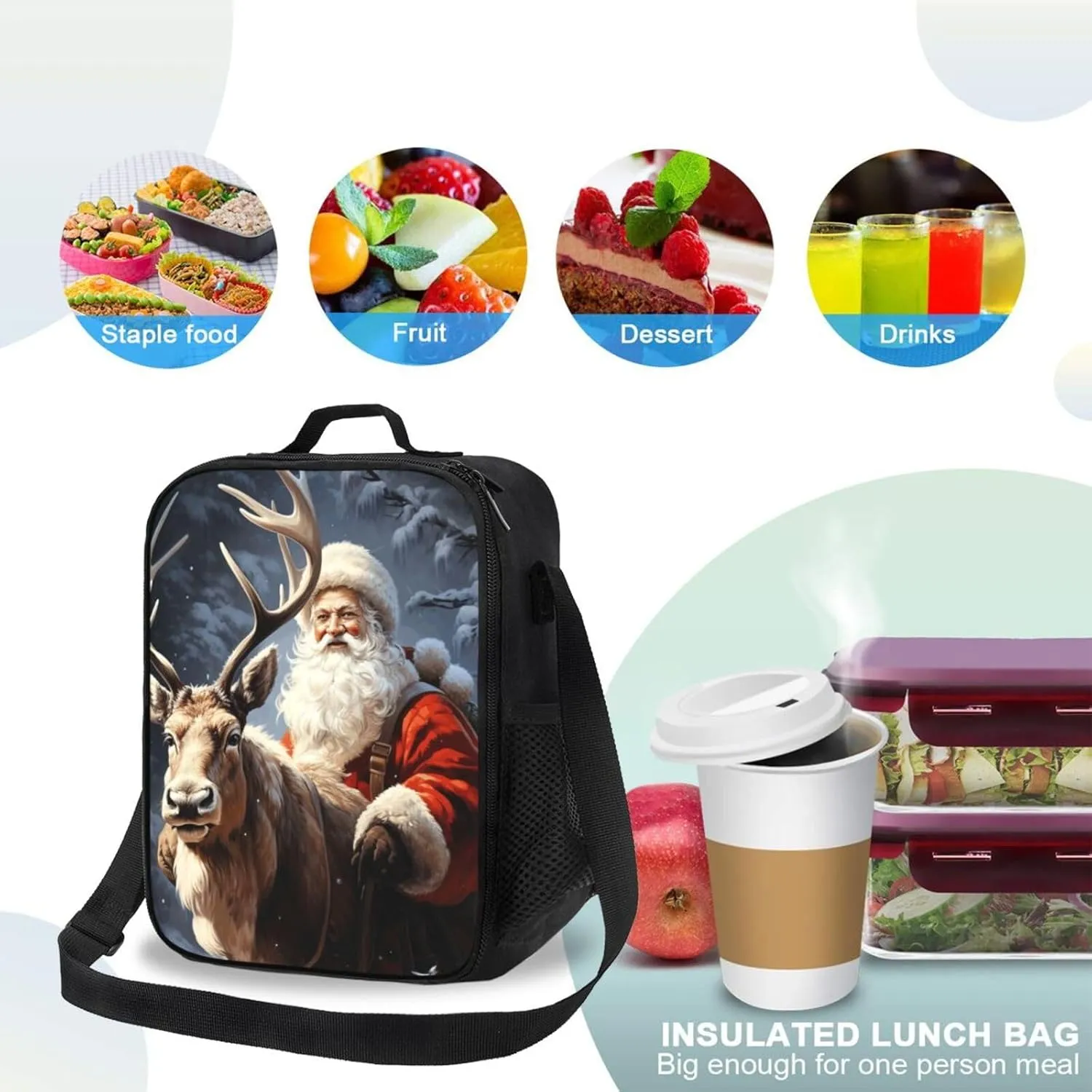 Insulated Lunch box for Men Women Reusable Lunch Bag Santa Claus and Deer Elk Cooler Tote Bags for Work Picnic