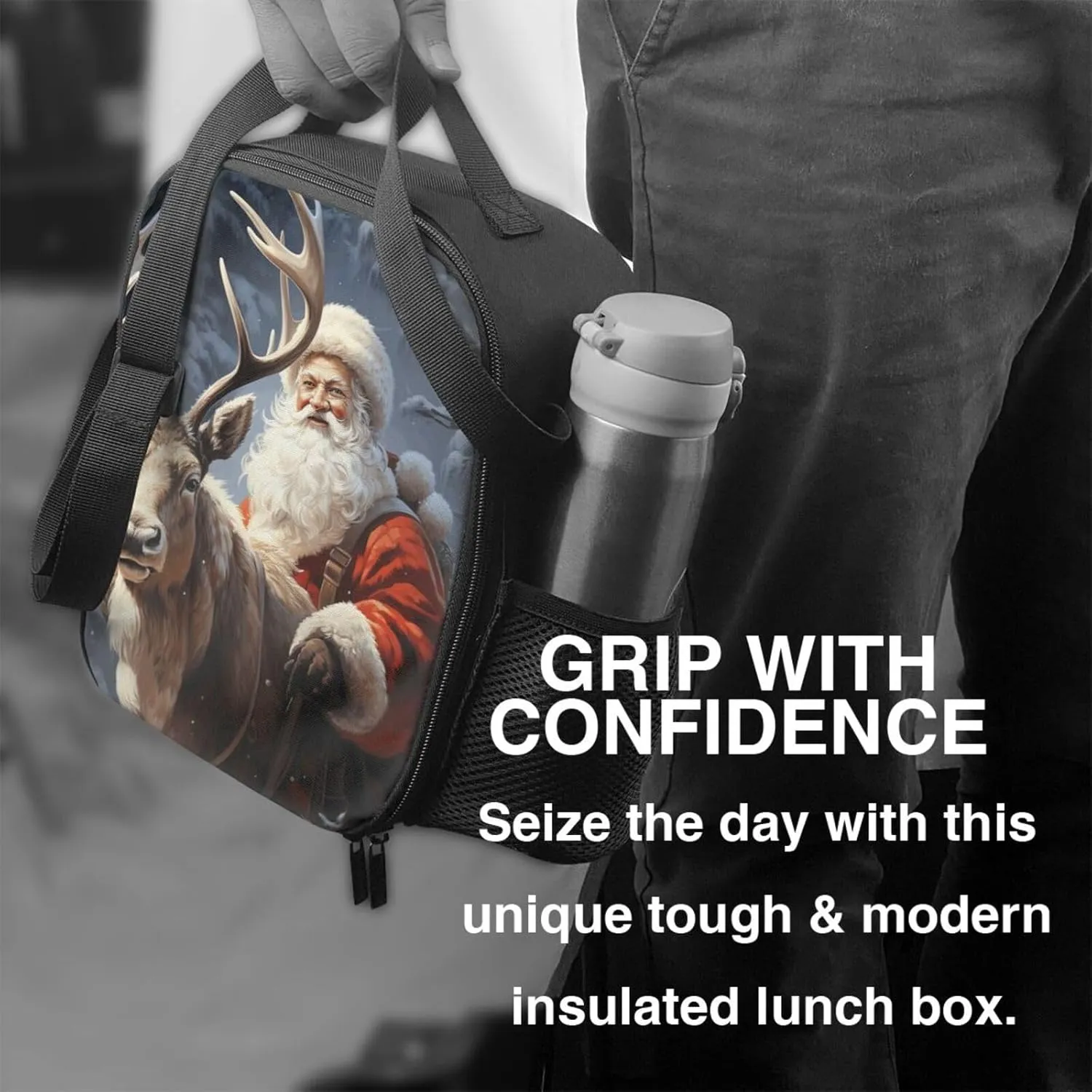 Insulated Lunch box for Men Women Reusable Lunch Bag Santa Claus and Deer Elk Cooler Tote Bags for Work Picnic