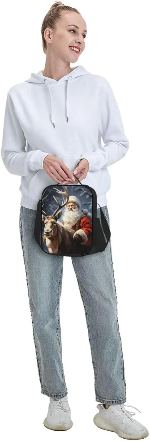 Insulated Lunch box for Men Women Reusable Lunch Bag Santa Claus and Deer Elk Cooler Tote Bags for Work Picnic