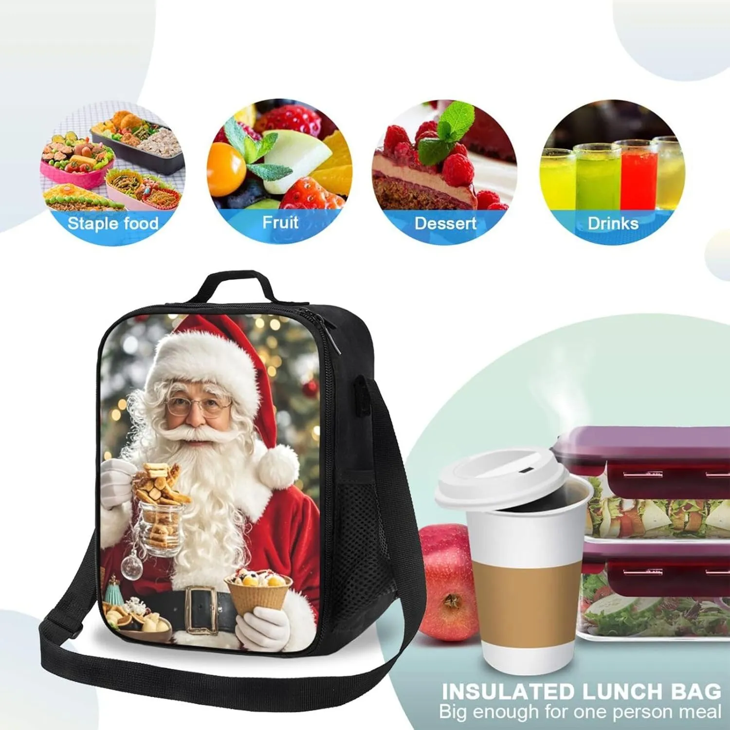 Insulated Lunch box for Men Women Reusable Lunch Bag Santa Claus eats snacks Cooler Tote Bags for Work Picnic