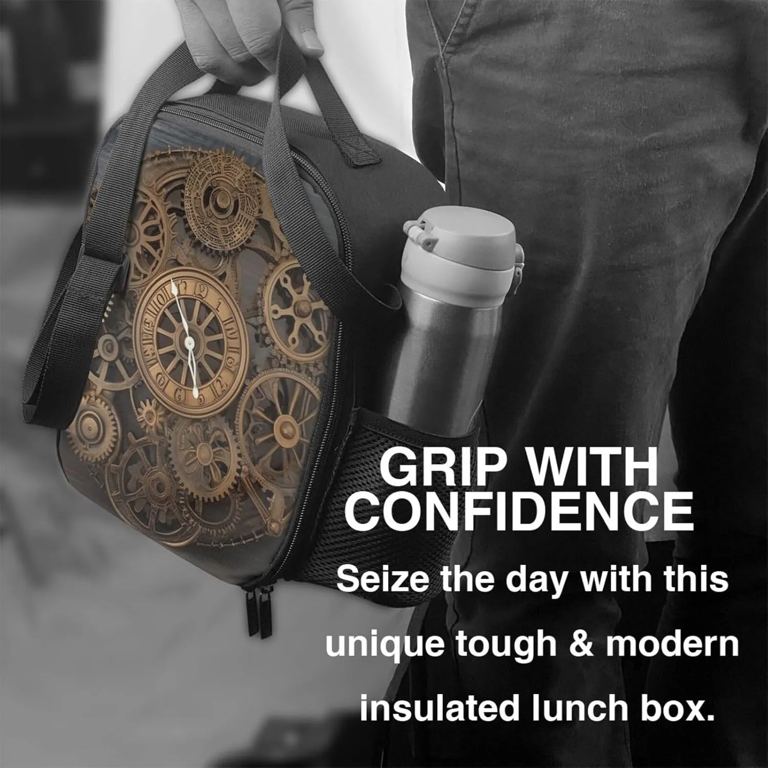 Insulated Lunch box for Men Women Reusable Lunch Bag Steampunk Gears Clock Cooler Tote Bags for Work Picnic