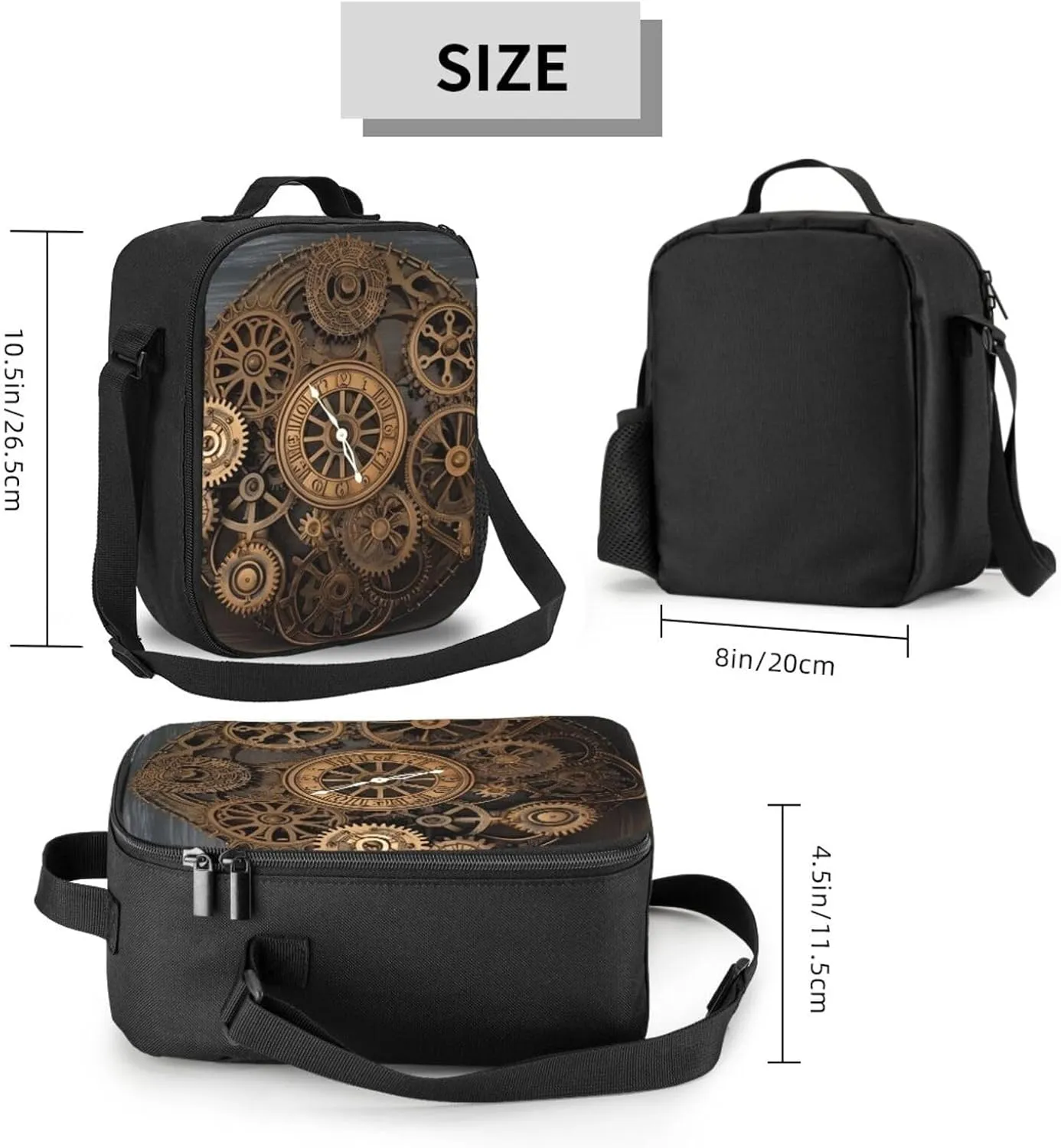 Insulated Lunch box for Men Women Reusable Lunch Bag Steampunk Gears Clock Cooler Tote Bags for Work Picnic