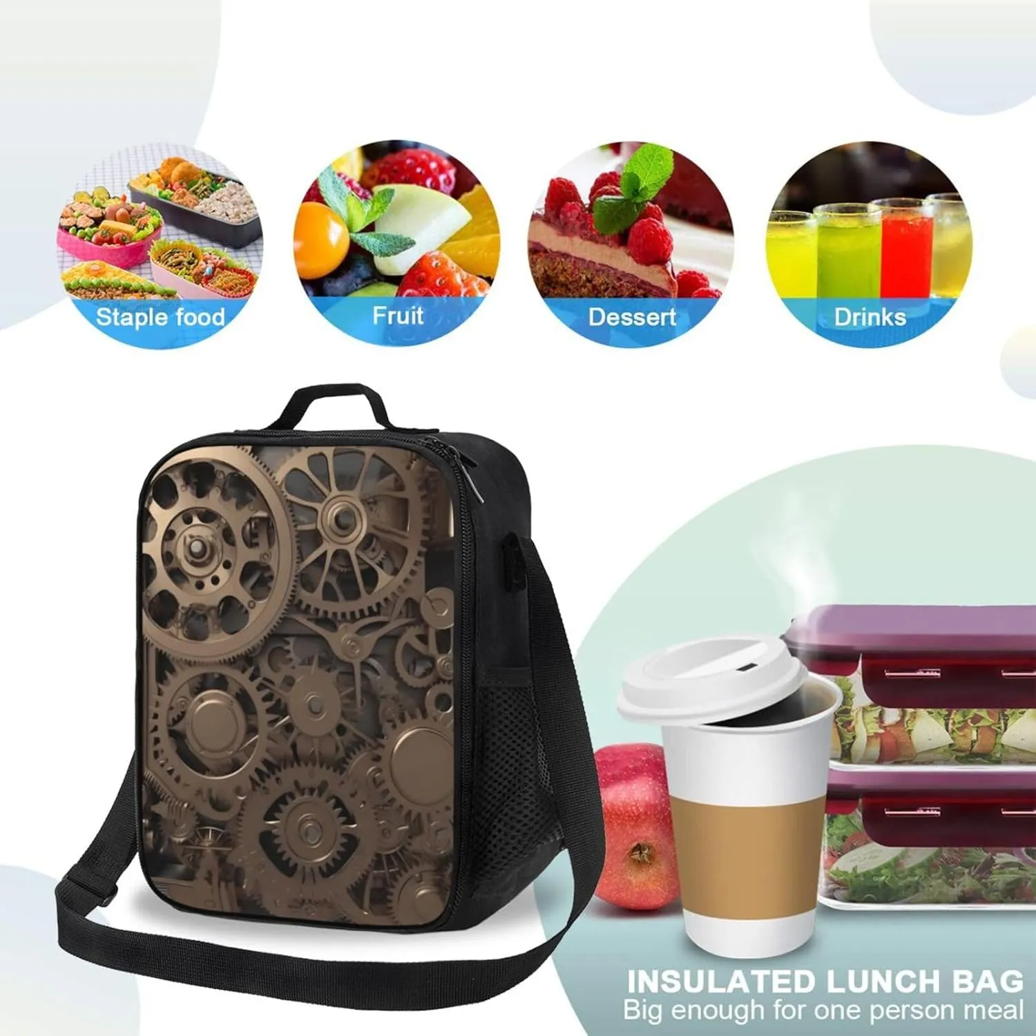Insulated Lunch box for Men Women Reusable Lunch Bag Steampunk Mechanical Gears Cooler Tote Bags for Work Picnic