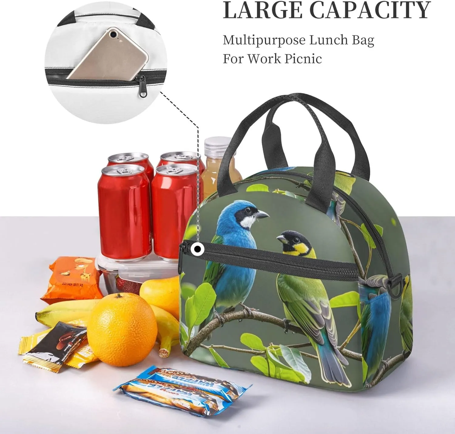 Insulated Lunchbox Reusable Cooler Bag Birds nature green colors Lunch Bag Portable Lunch Tote Bag for Work Picnic
