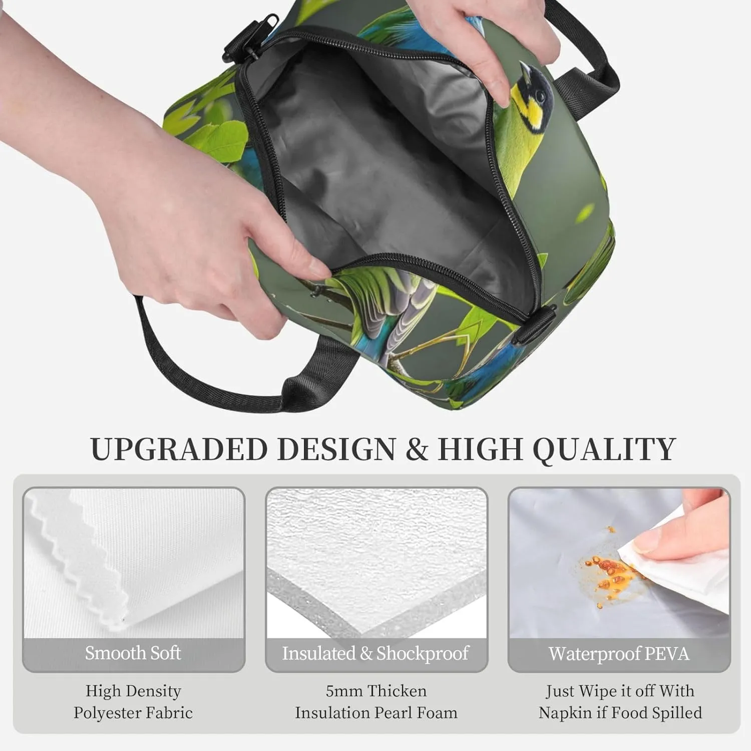 Insulated Lunchbox Reusable Cooler Bag Birds nature green colors Lunch Bag Portable Lunch Tote Bag for Work Picnic