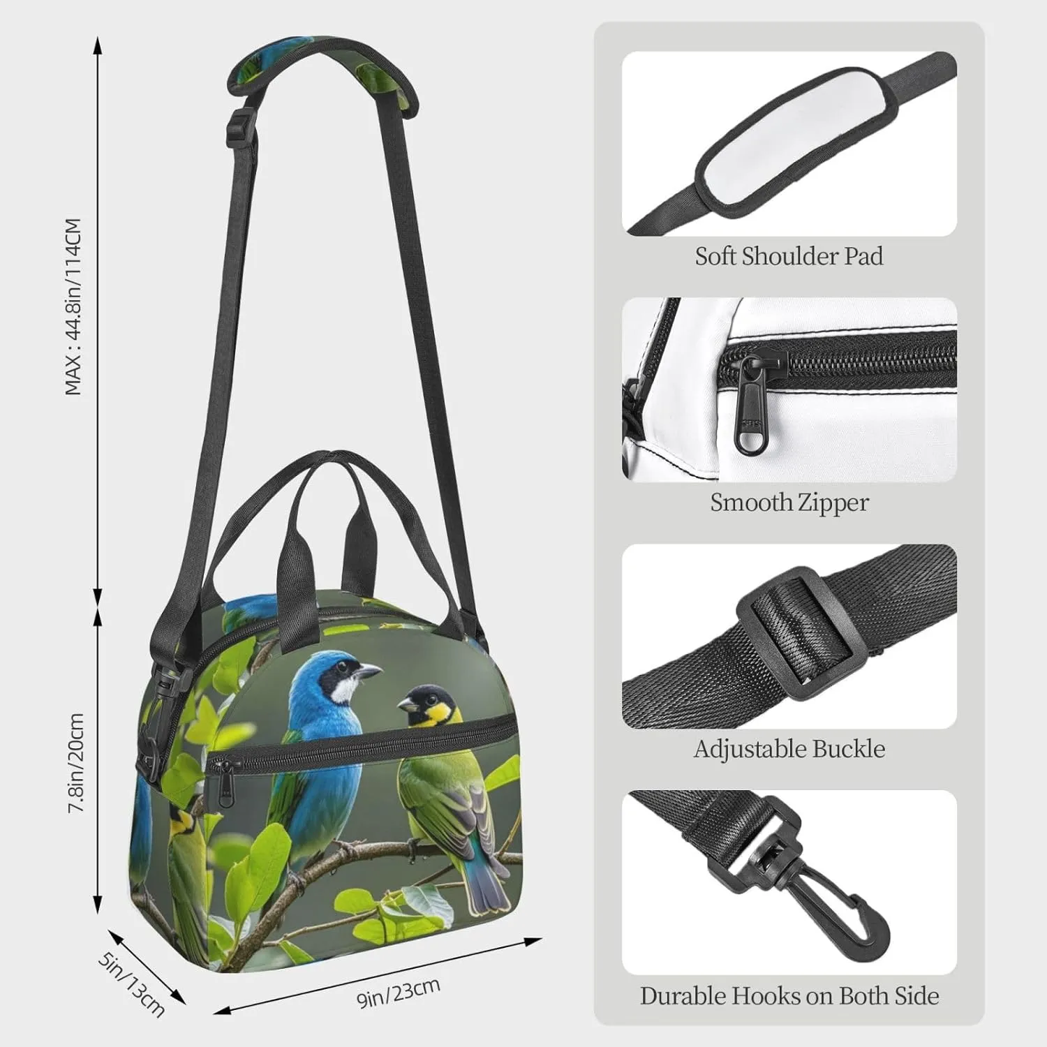 Insulated Lunchbox Reusable Cooler Bag Birds nature green colors Lunch Bag Portable Lunch Tote Bag for Work Picnic