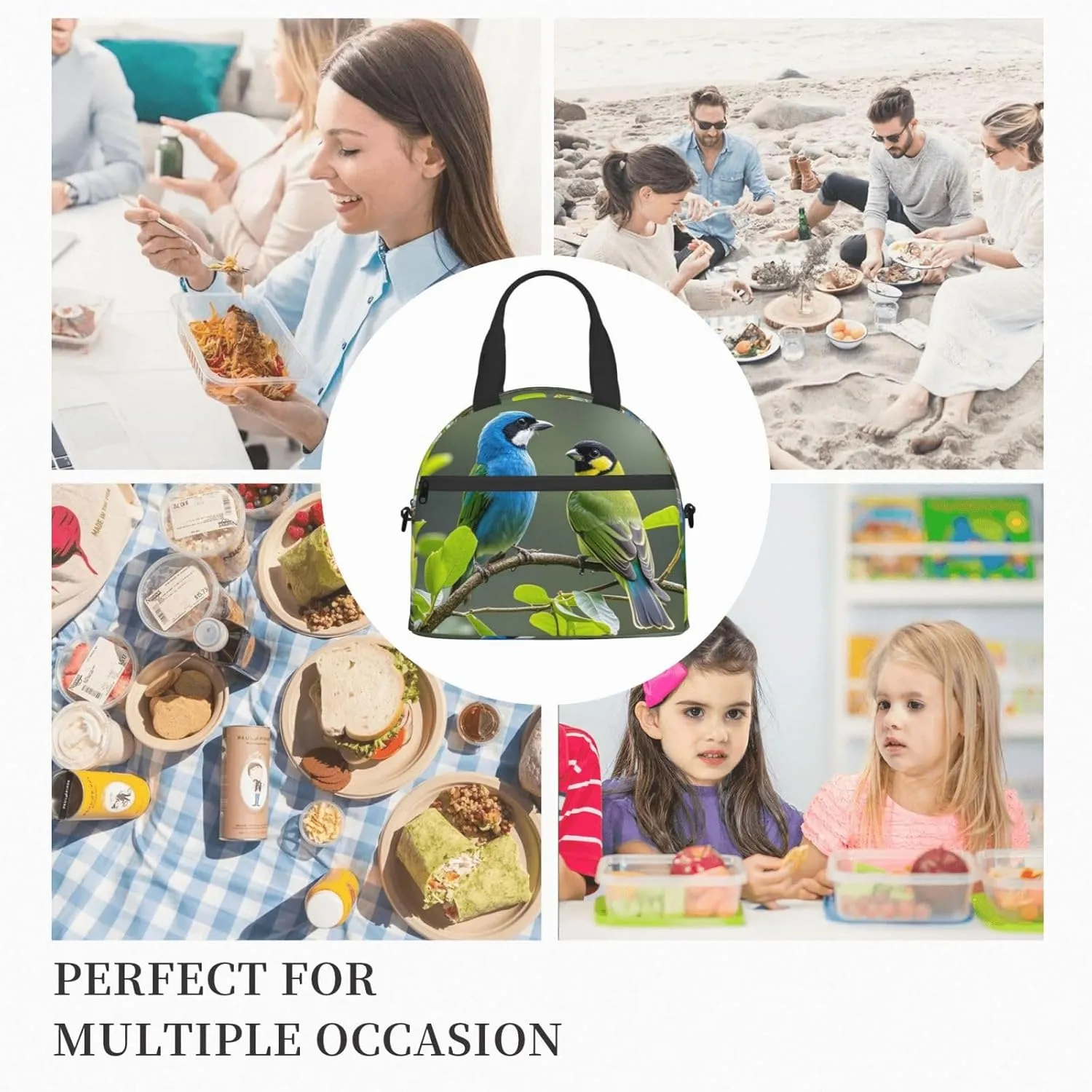 Insulated Lunchbox Reusable Cooler Bag Birds nature green colors Lunch Bag Portable Lunch Tote Bag for Work Picnic