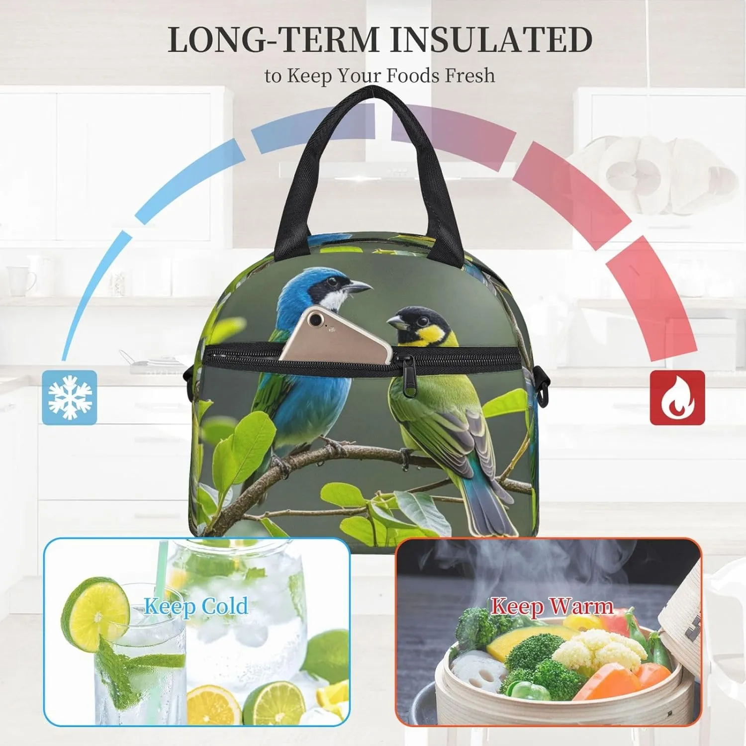 Insulated Lunchbox Reusable Cooler Bag Birds nature green colors Lunch Bag Portable Lunch Tote Bag for Work Picnic