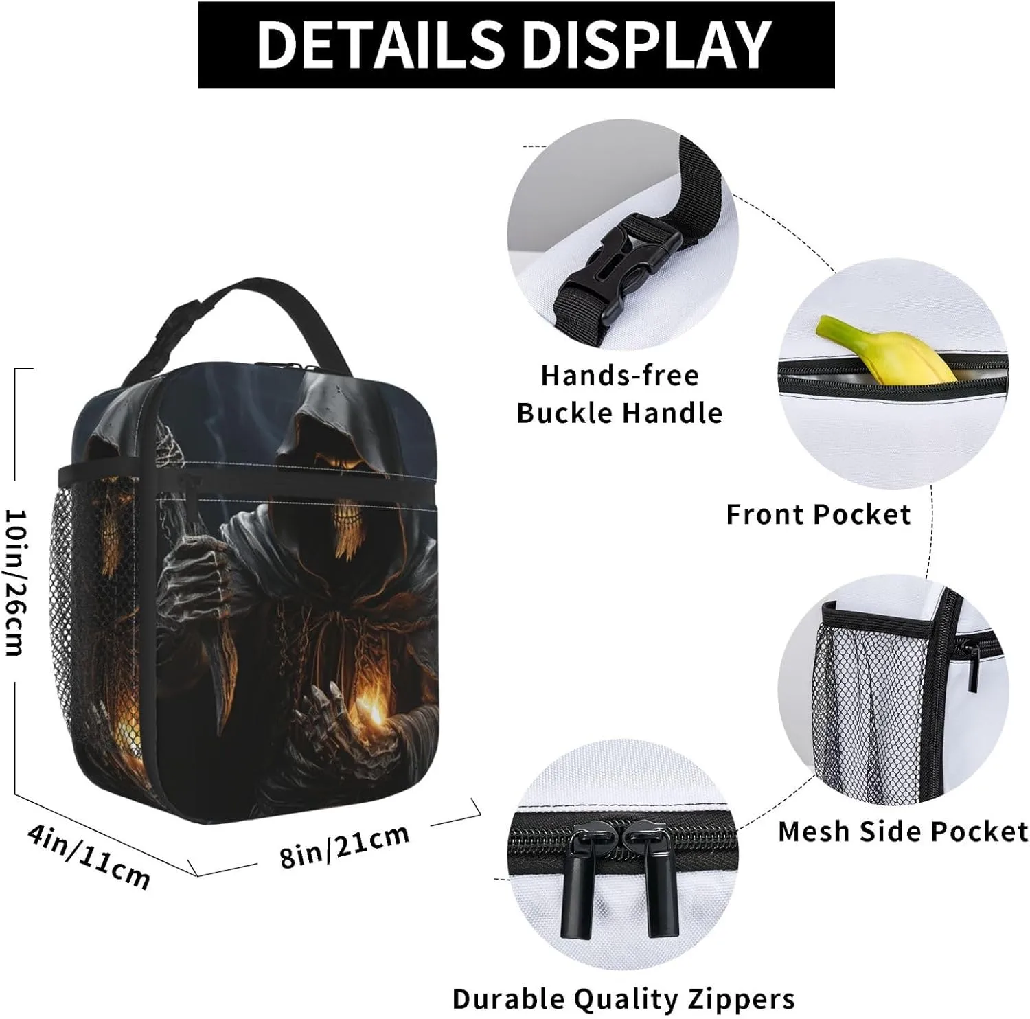 Insulated Lunchbox Reusable Cooler Bag Grim-Reaper Lunch Bag Portable Lunch Tote Bag for Work Picnic