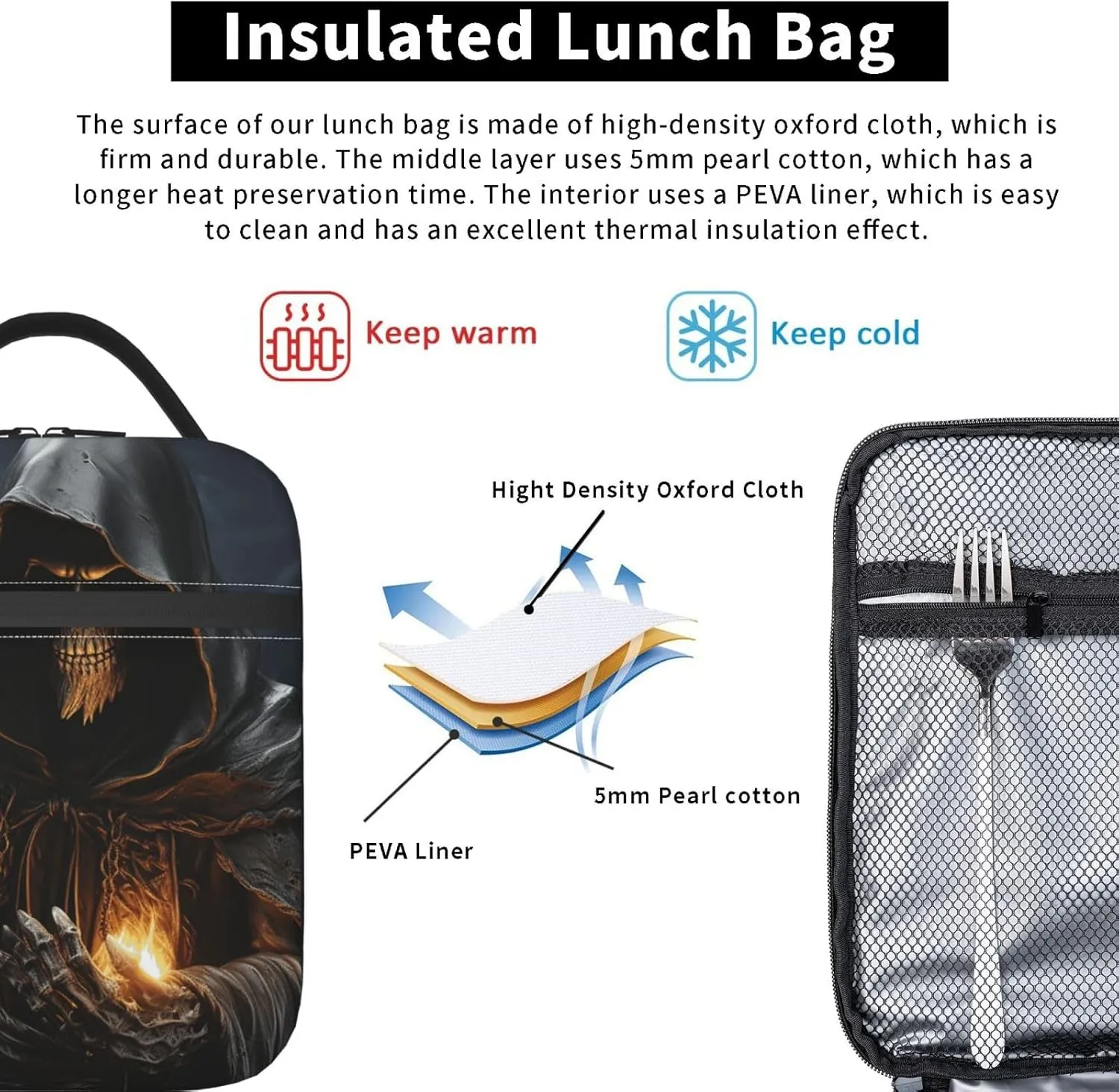 Insulated Lunchbox Reusable Cooler Bag Grim-Reaper Lunch Bag Portable Lunch Tote Bag for Work Picnic