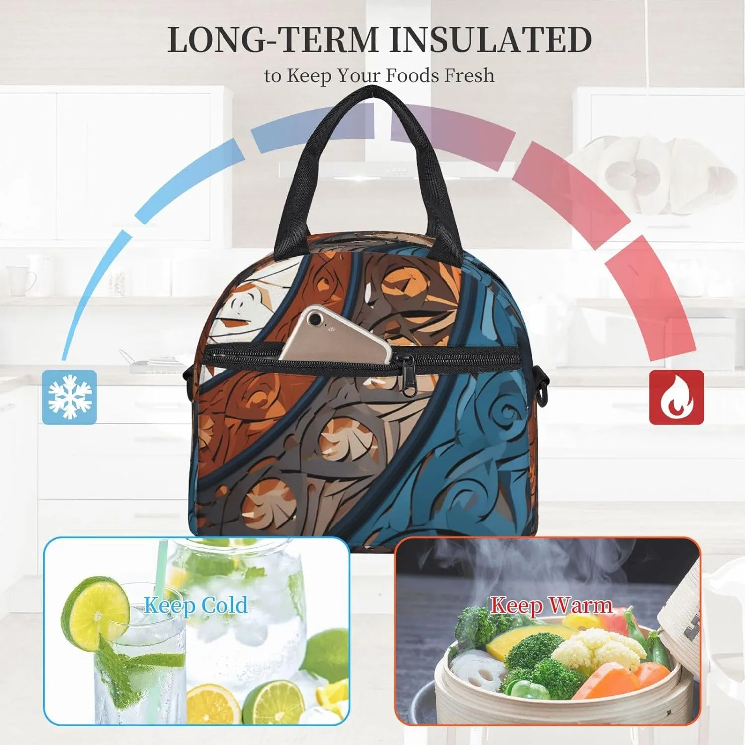 Insulated Lunchbox Reusable Cooler Bag Spiral and curve patterns Lunch Bag Portable Lunch Tote Bag for Work Picnic
