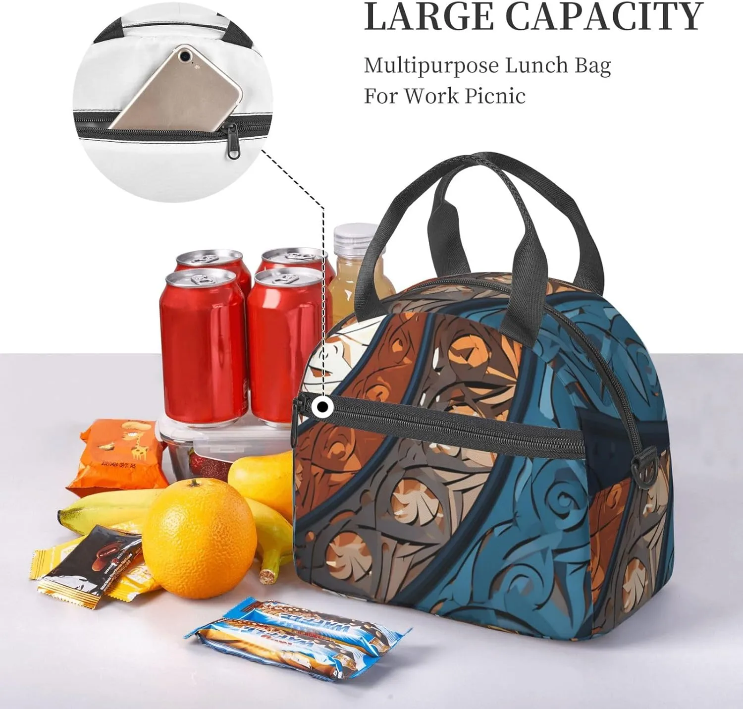 Insulated Lunchbox Reusable Cooler Bag Spiral and curve patterns Lunch Bag Portable Lunch Tote Bag for Work Picnic