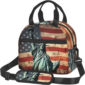 Insulated Lunchbox Reusable Cooler Bag Statue of Liberty against the background of the American flag Lunch Bag Portable Lunch Tote Bag for Work Picnic
