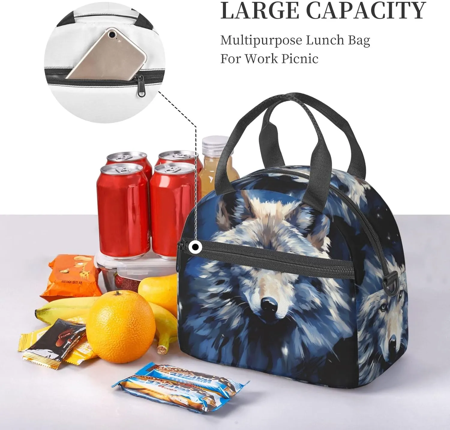 Insulated Lunchbox Reusable Cooler Bag Wolf head on blue background Lunch Bag Portable Lunch Tote Bag for Work Picnic