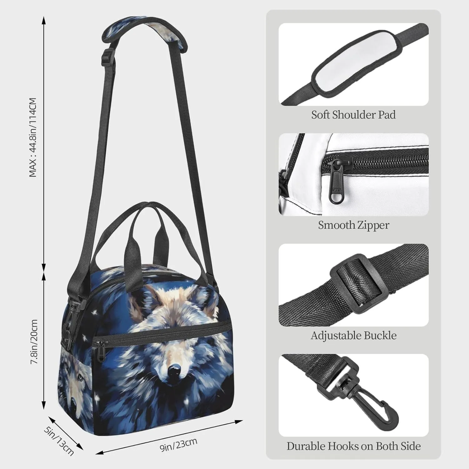 Insulated Lunchbox Reusable Cooler Bag Wolf head on blue background Lunch Bag Portable Lunch Tote Bag for Work Picnic