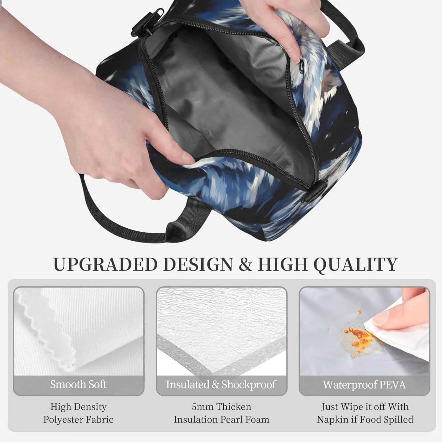 Insulated Lunchbox Reusable Cooler Bag Wolf head on blue background Lunch Bag Portable Lunch Tote Bag for Work Picnic