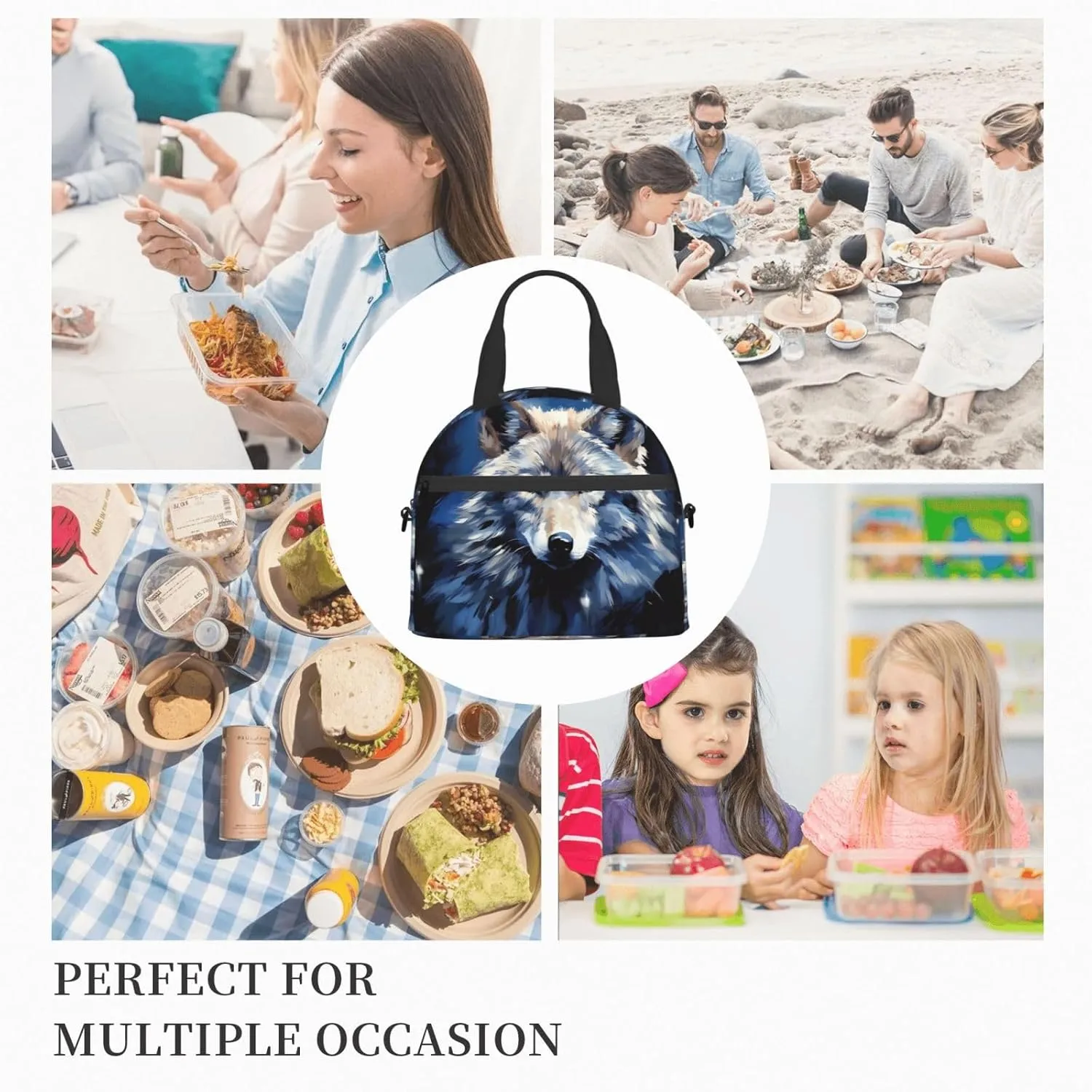 Insulated Lunchbox Reusable Cooler Bag Wolf head on blue background Lunch Bag Portable Lunch Tote Bag for Work Picnic