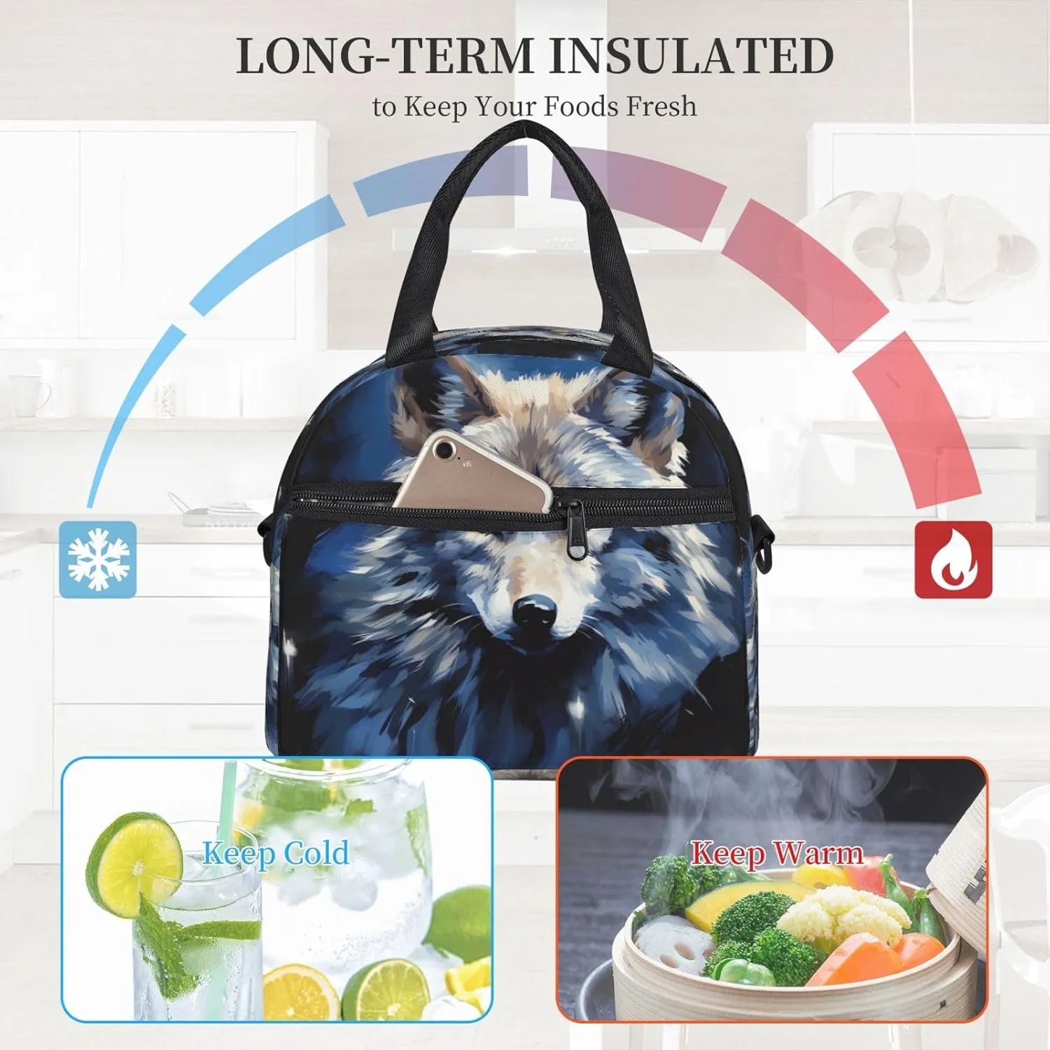 Insulated Lunchbox Reusable Cooler Bag Wolf head on blue background Lunch Bag Portable Lunch Tote Bag for Work Picnic