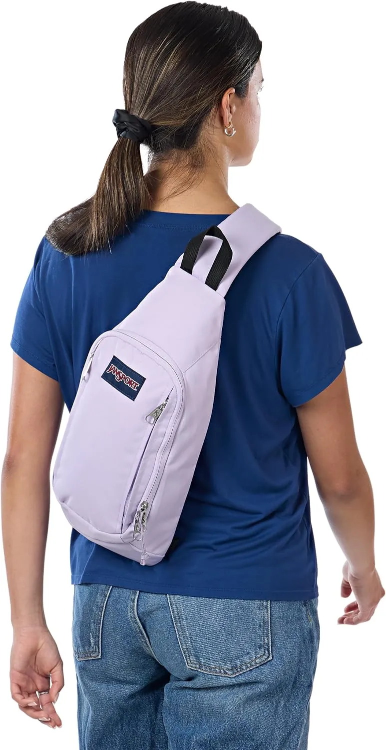JanSport Move Sling Crossbody Bag – Main Compartment, Zippered Front Pockets, Adjustable Shoulder Strap, Fully Padded Back Panel, Pastel Lilac