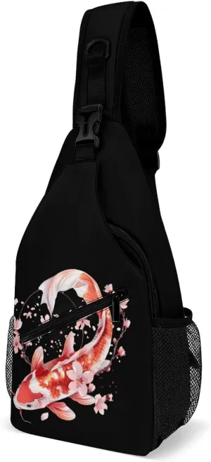 Japanese Fish Cherry Flower Printed Crossbody Bags Casual Sling Backpack with Adjustable Strap for Women Men