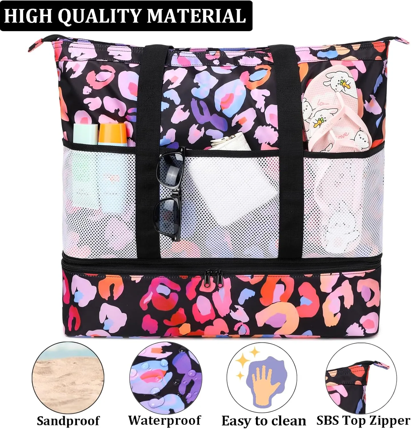 JIANYA Beach Bag Women Waterproof Sandproof Beach Tote Bags with Cooler Top Zipper Large Totes for Pool Travel Daily