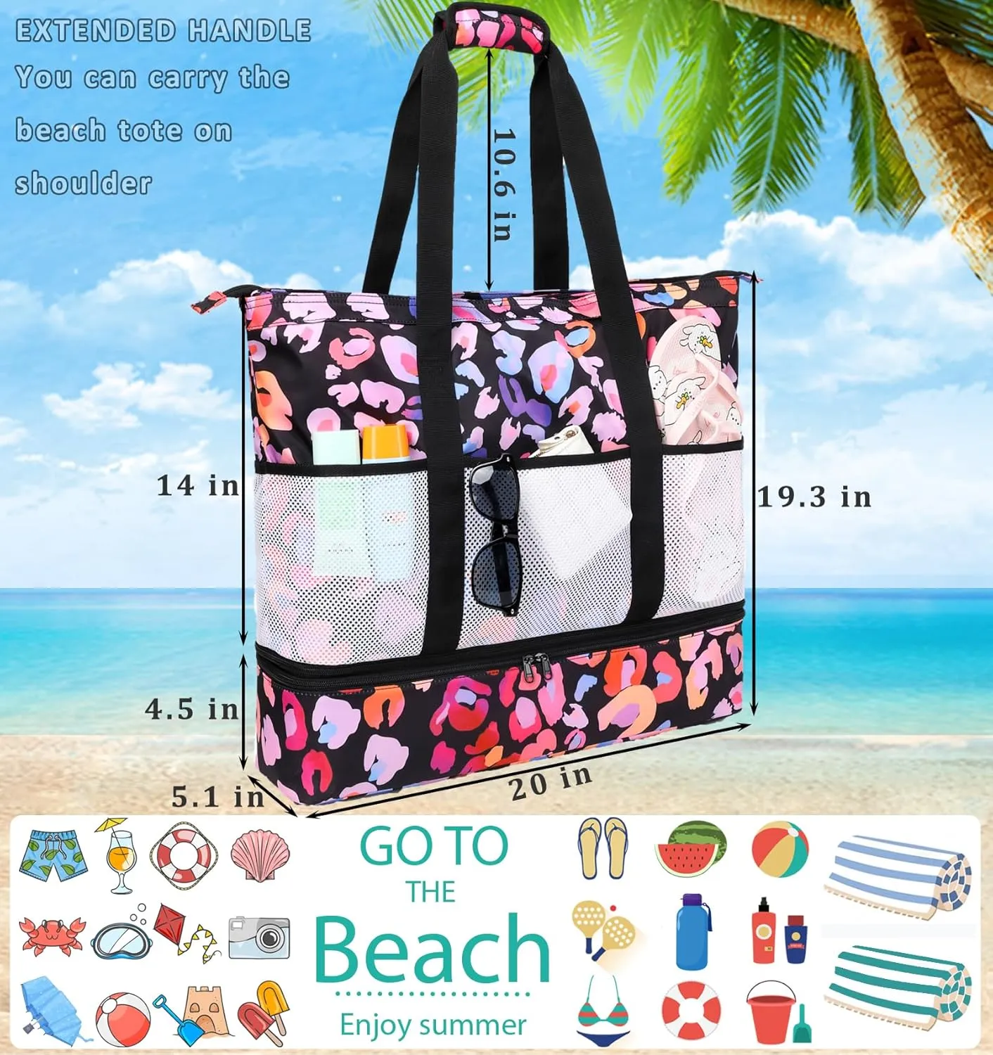 JIANYA Beach Bag Women Waterproof Sandproof Beach Tote Bags with Cooler Top Zipper Large Totes for Pool Travel Daily