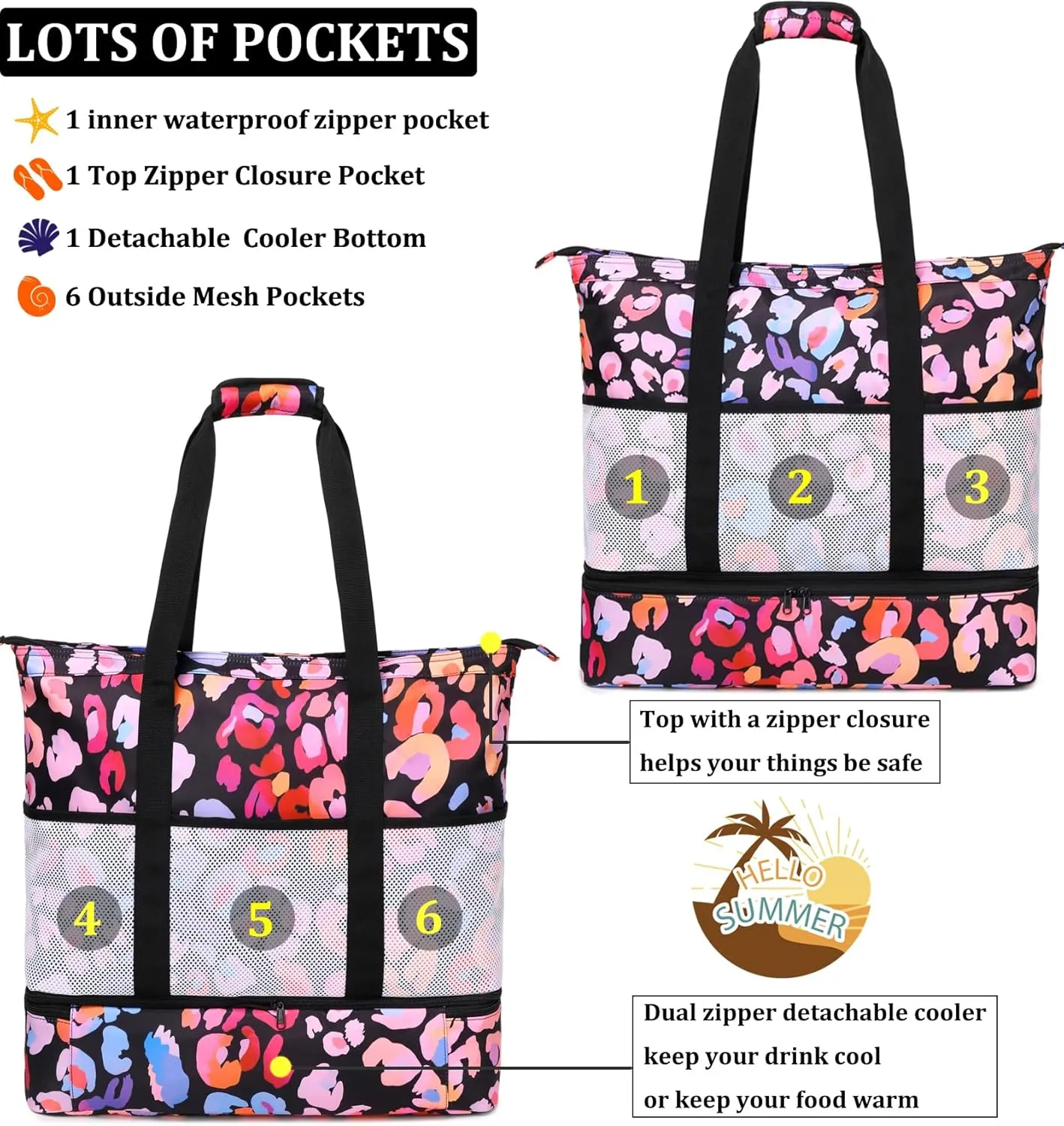 JIANYA Beach Bag Women Waterproof Sandproof Beach Tote Bags with Cooler Top Zipper Large Totes for Pool Travel Daily
