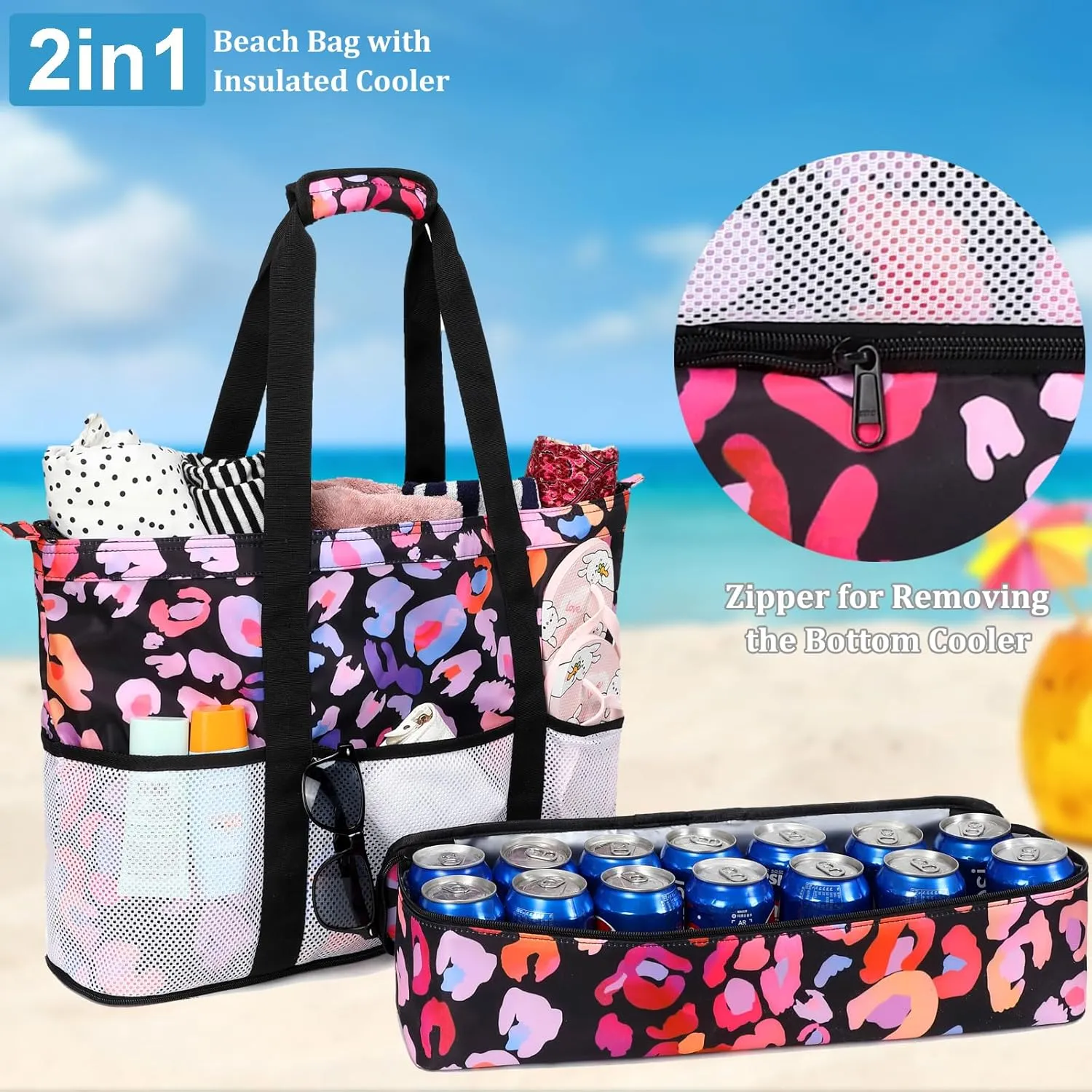 JIANYA Beach Bag Women Waterproof Sandproof Beach Tote Bags with Cooler Top Zipper Large Totes for Pool Travel Daily