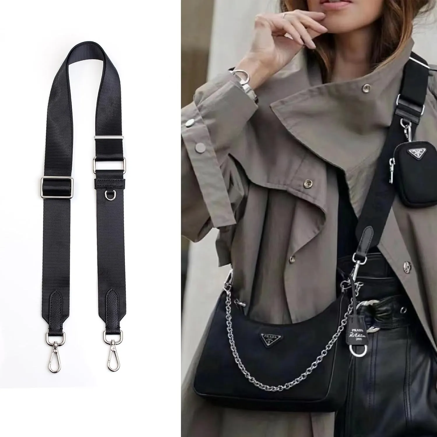 Jiesinlov Black Purse Straps Replacement Crossbody Shoulder for HOBO Handbag Adjustable(Black-Silver)