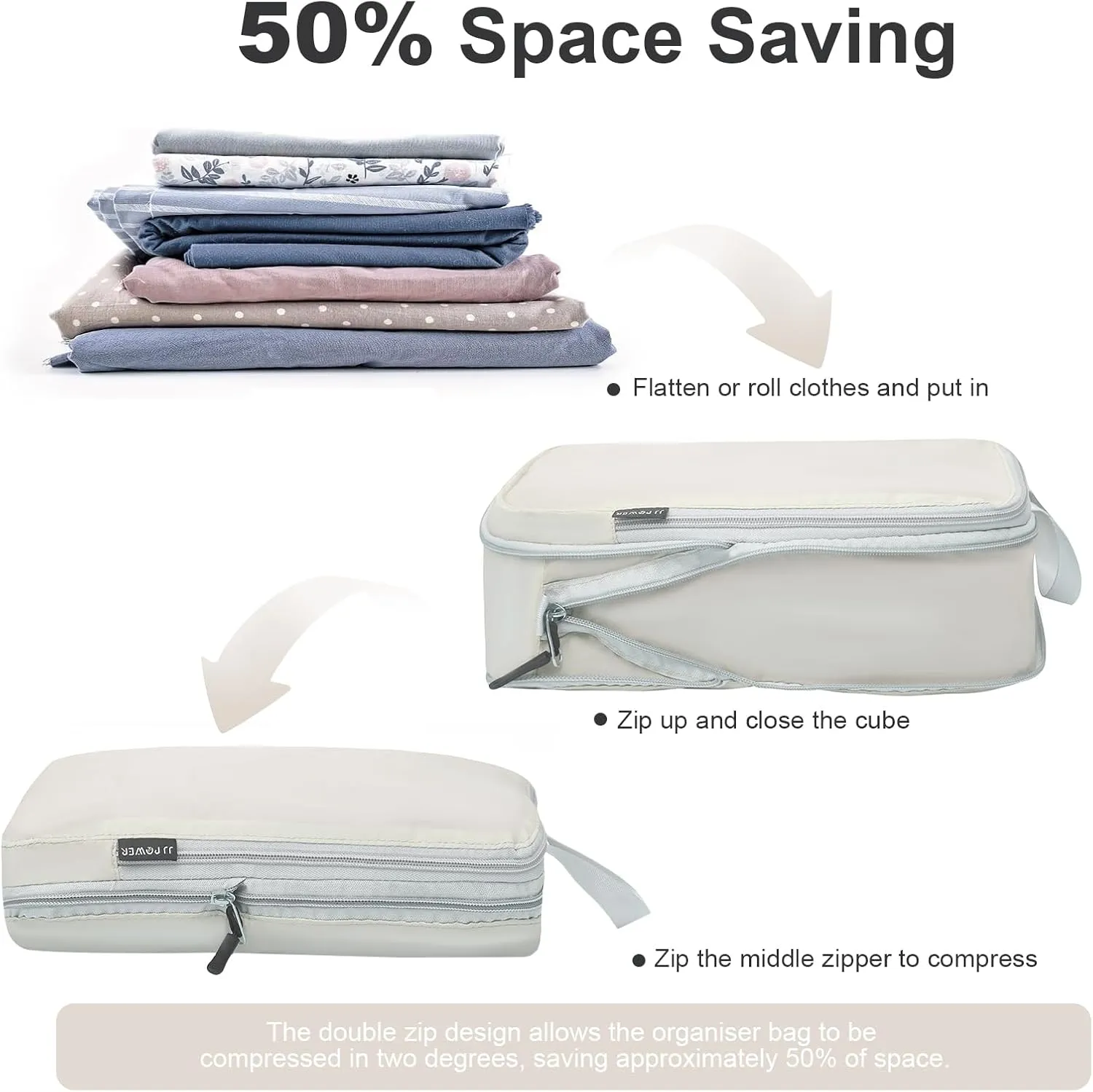JJ Power 3 Set Lightweight Compression Packing Cubes for Suitcases, Travel Essentials Expandable Packing Cubes Organizer for Carry on Suitcases(Cream)