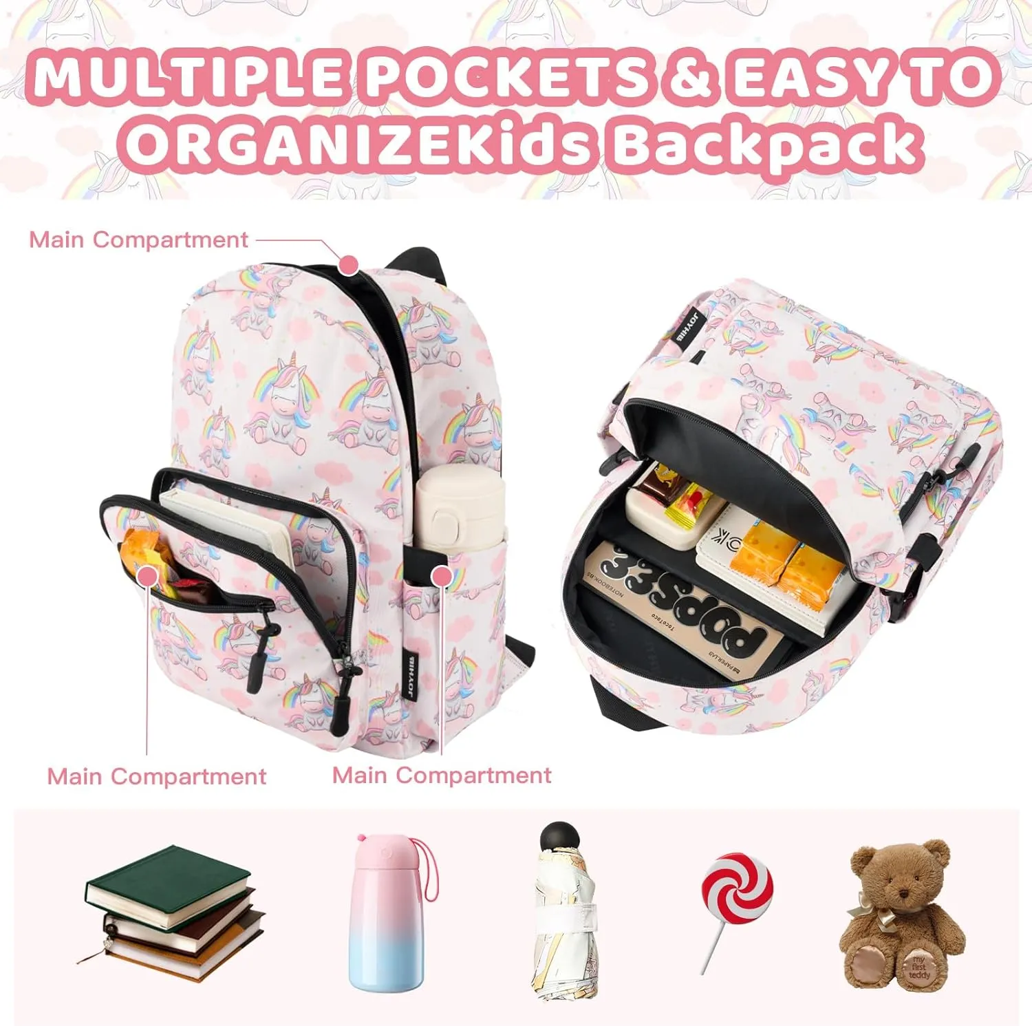 JOYHILL Kids Backpacks, Cute Lightweight Water Resistant Preschool Backpack, Adjustable Shoulder Straps for Boys Girls (Unicorn)