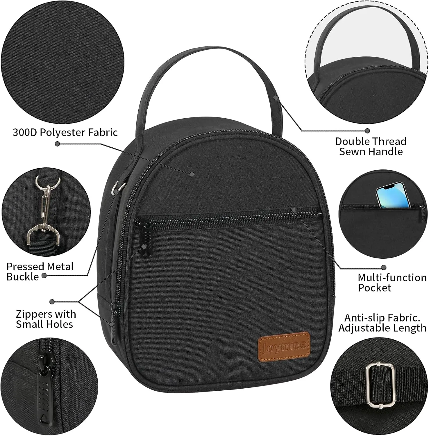 Joymee Crossbody Lunch Box Lunch Bag for Men Women Adult Portable Leakproof Reusable Insulated -Lunchbox Small Cooler with Shoulder Strap Side Pockets Front Pocket for Work Travel - Black