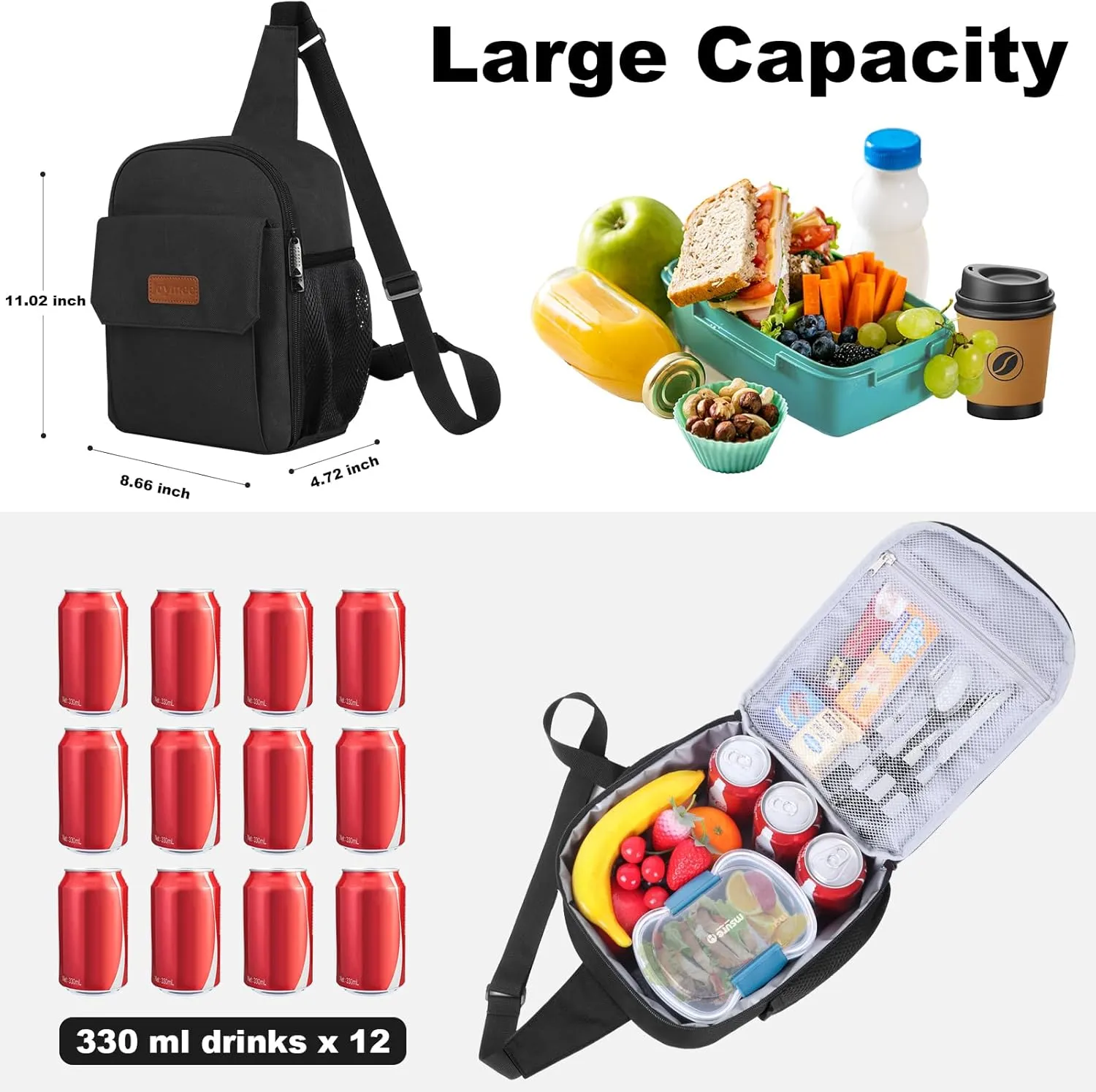 Joymee Sling Lunch Box Lunch Bag for Women Men Adult Portable Leakproof Reusable Insulated-Crossbody Lunchbox small Cooler with Shoulder Strap Side Pockets Front Pocket for Work Travel - Black