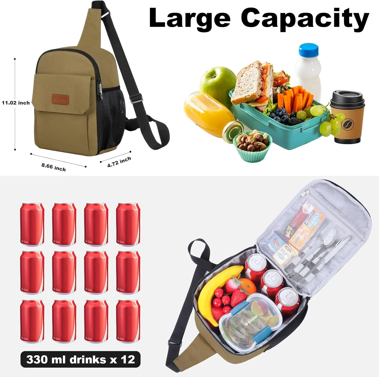 Joymee Sling Lunch Box Lunch Bag for Women Men Adult Portable Leakproof Reusable Insulated-Crossbody Lunchbox small Cooler with Shoulder Strap Side Pockets Front Pocket for Work Travel - Tan