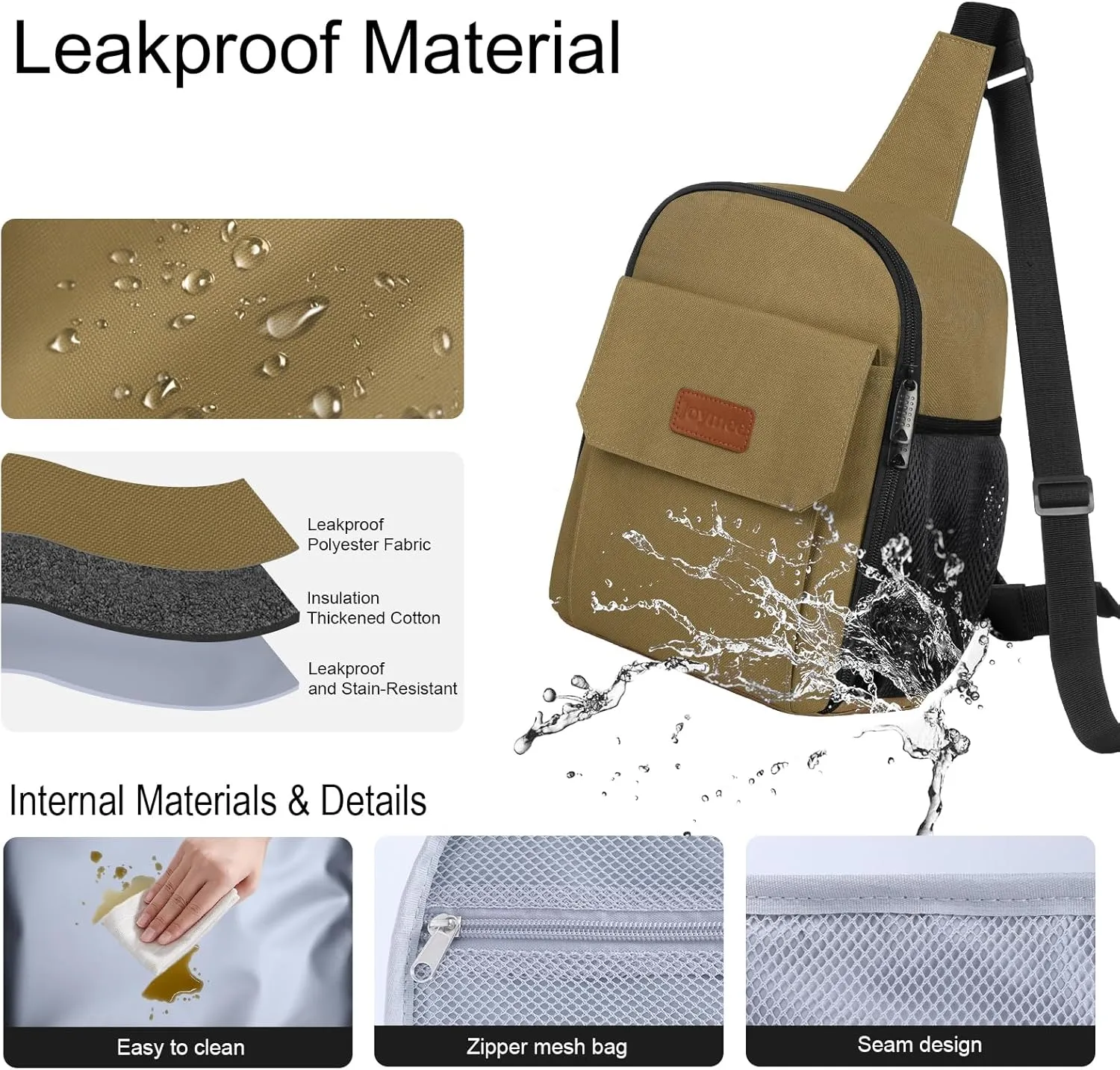 Joymee Sling Lunch Box Lunch Bag for Women Men Adult Portable Leakproof Reusable Insulated-Crossbody Lunchbox small Cooler with Shoulder Strap Side Pockets Front Pocket for Work Travel - Tan