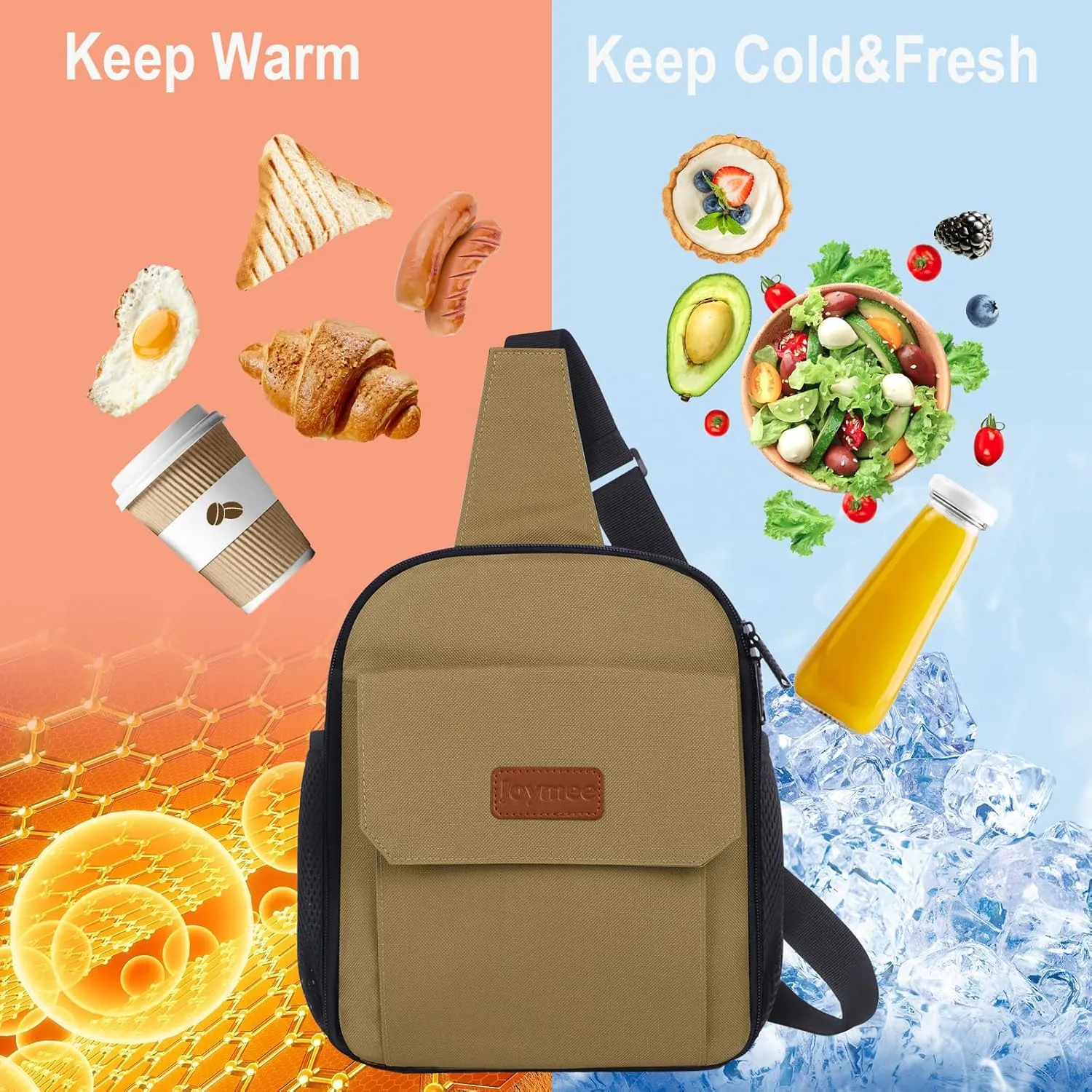 Joymee Sling Lunch Box Lunch Bag for Women Men Adult Portable Leakproof Reusable Insulated-Crossbody Lunchbox small Cooler with Shoulder Strap Side Pockets Front Pocket for Work Travel - Tan