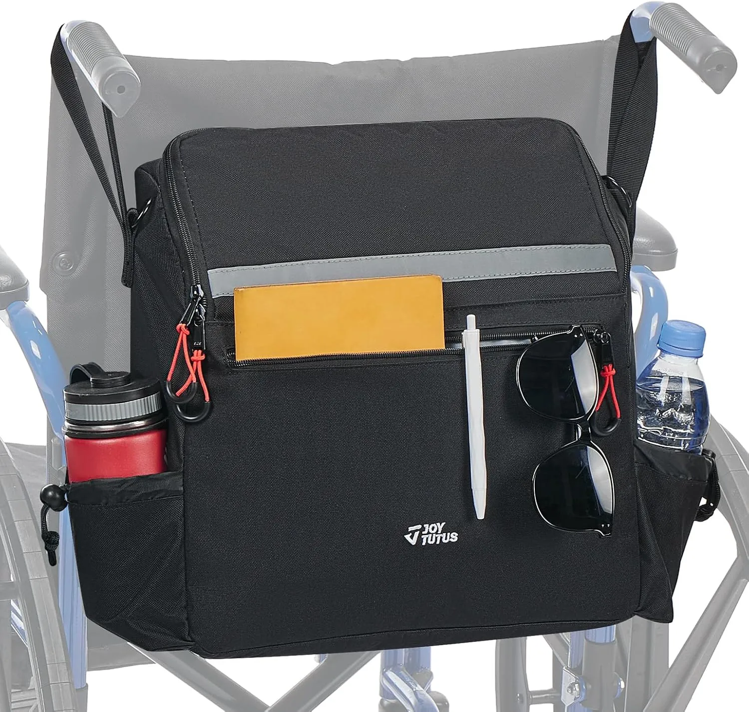 JOYTUTUS Wheelchair Bag, Wheelchair Backpack Bag, Wheelchair Accessories Bag with Cup Holder, Storage Pouch Bag with Reflective Stripe and Shoulder Strap for Walker Rollator (14.6 * 13.8 * 5.5 in)