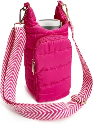 JSLOOO Puffer Quilted Crossbody Water Bottle Carrier Bag with Adjustable Strap Crossbody Water Bottle Holder with Pocket