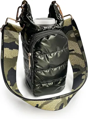 JSLOOO Puffer Quilted Crossbody Water Bottle Carrier Bag with Adjustable Strap Crossbody Water Bottle Holder with Pocket