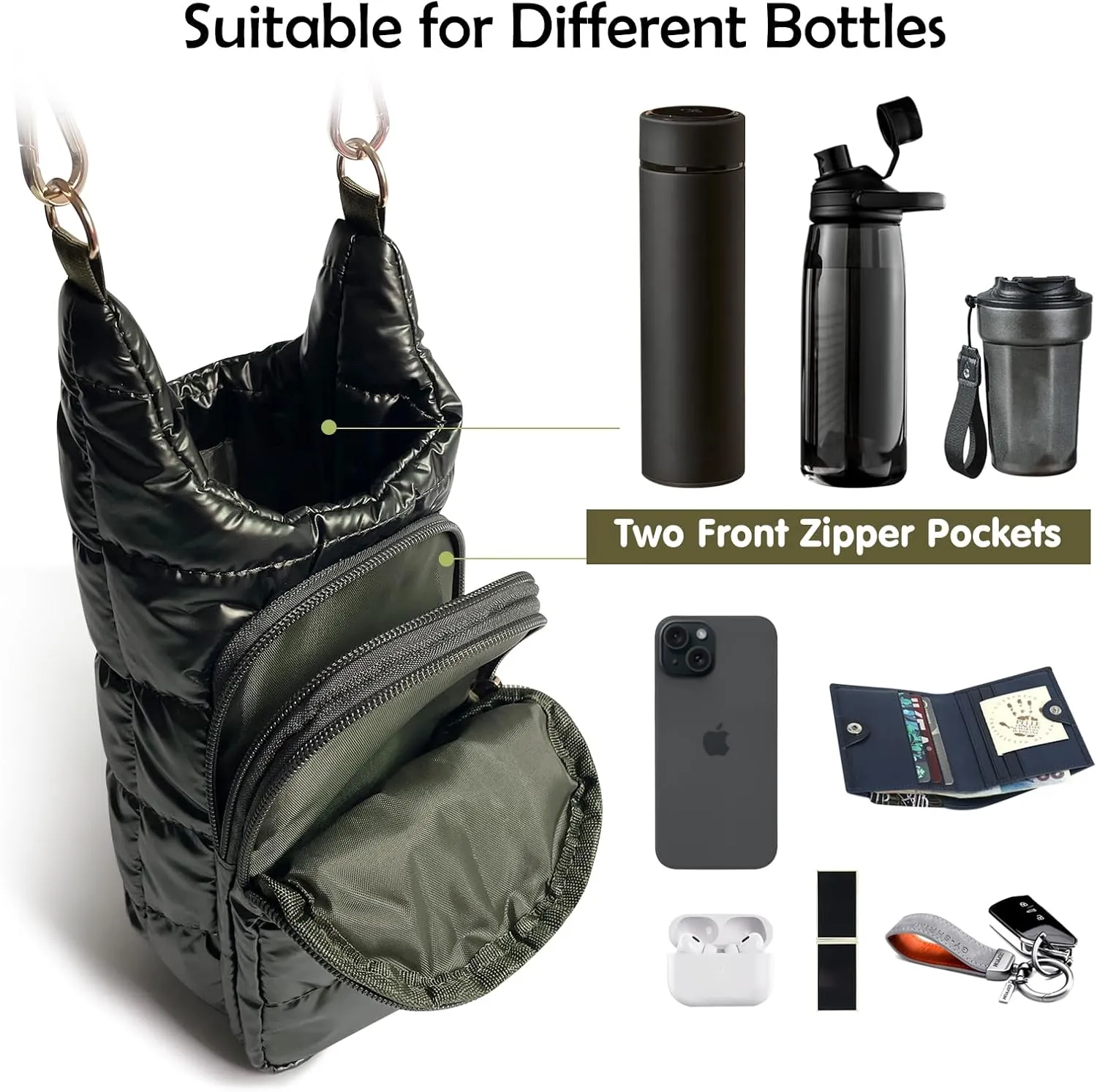 JSLOOO Puffer Quilted Crossbody Water Bottle Carrier Bag with Adjustable Strap Crossbody Water Bottle Holder with Pocket