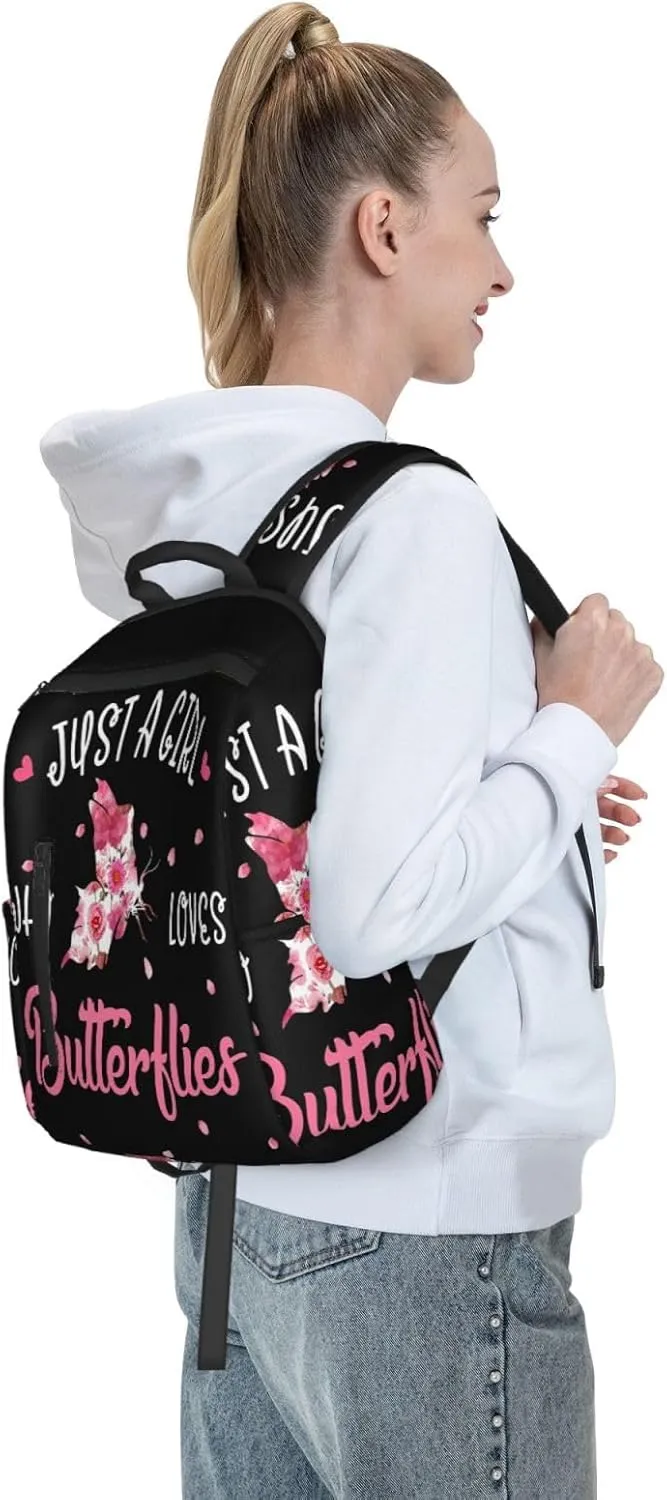 Just A Women Who Loves Butterflies Travel Laptop Backpack Casual Backpacks Double Shoulder Daypack Notebook Rucksack Work Bags Sports Bag for Gym Hiking Camping Beach