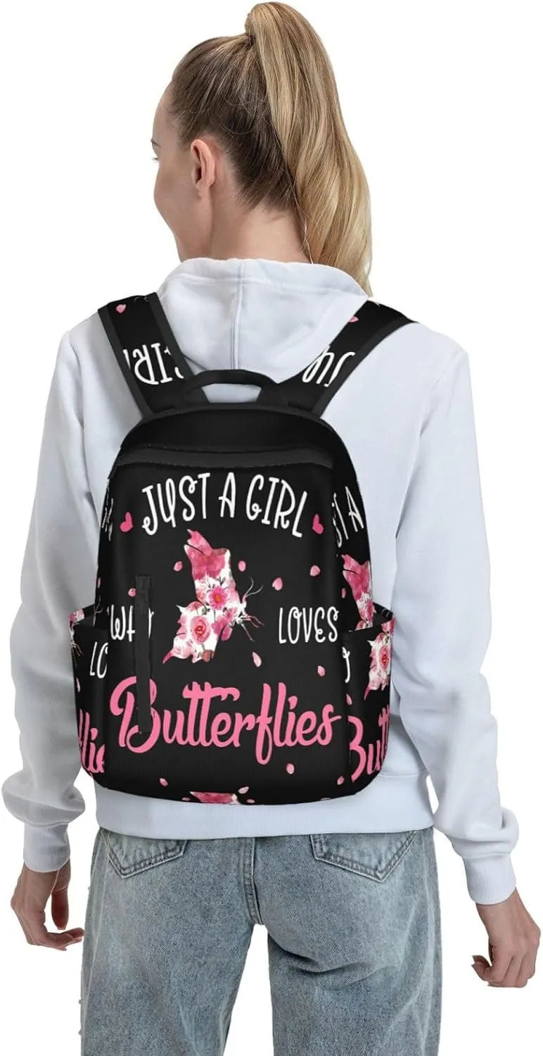 Just A Women Who Loves Butterflies Travel Laptop Backpack Casual Backpacks Double Shoulder Daypack Notebook Rucksack Work Bags Sports Bag for Gym Hiking Camping Beach