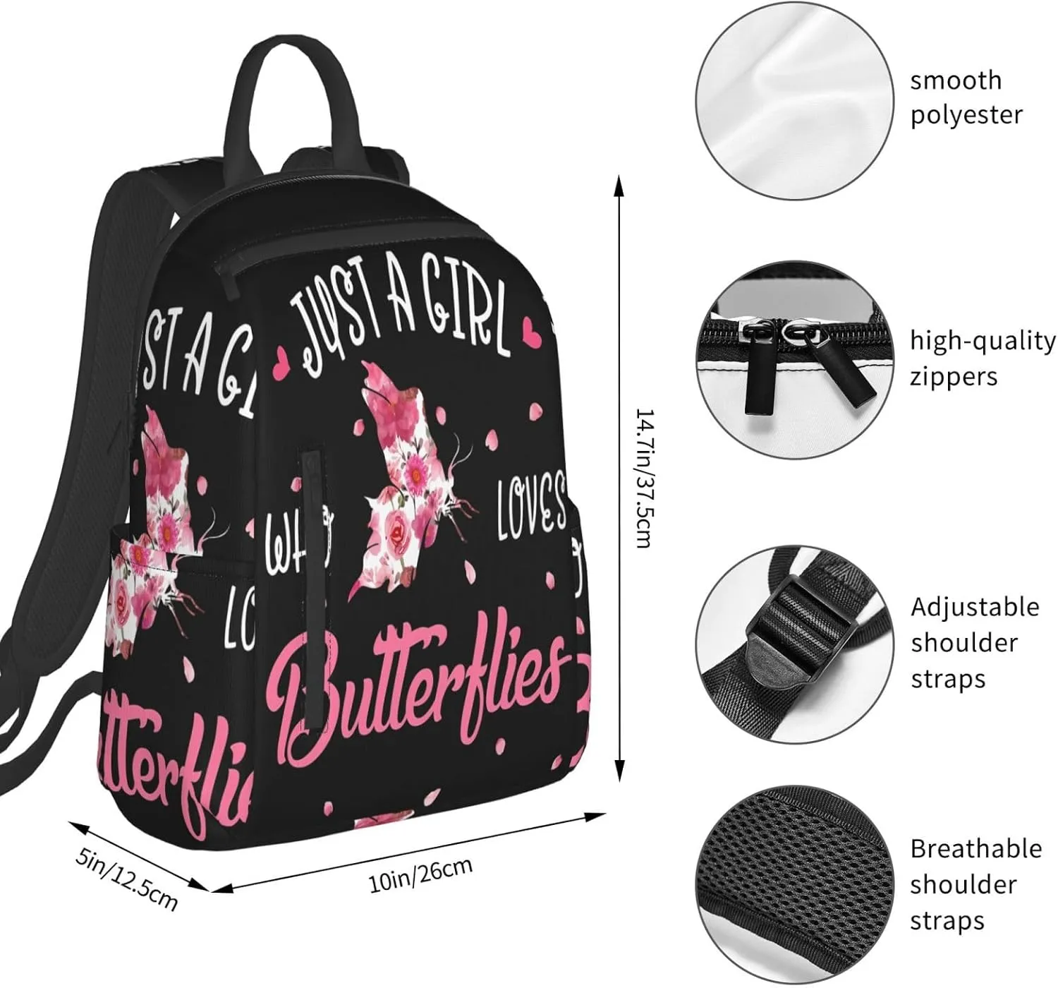 Just A Women Who Loves Butterflies Travel Laptop Backpack Casual Backpacks Double Shoulder Daypack Notebook Rucksack Work Bags Sports Bag for Gym Hiking Camping Beach