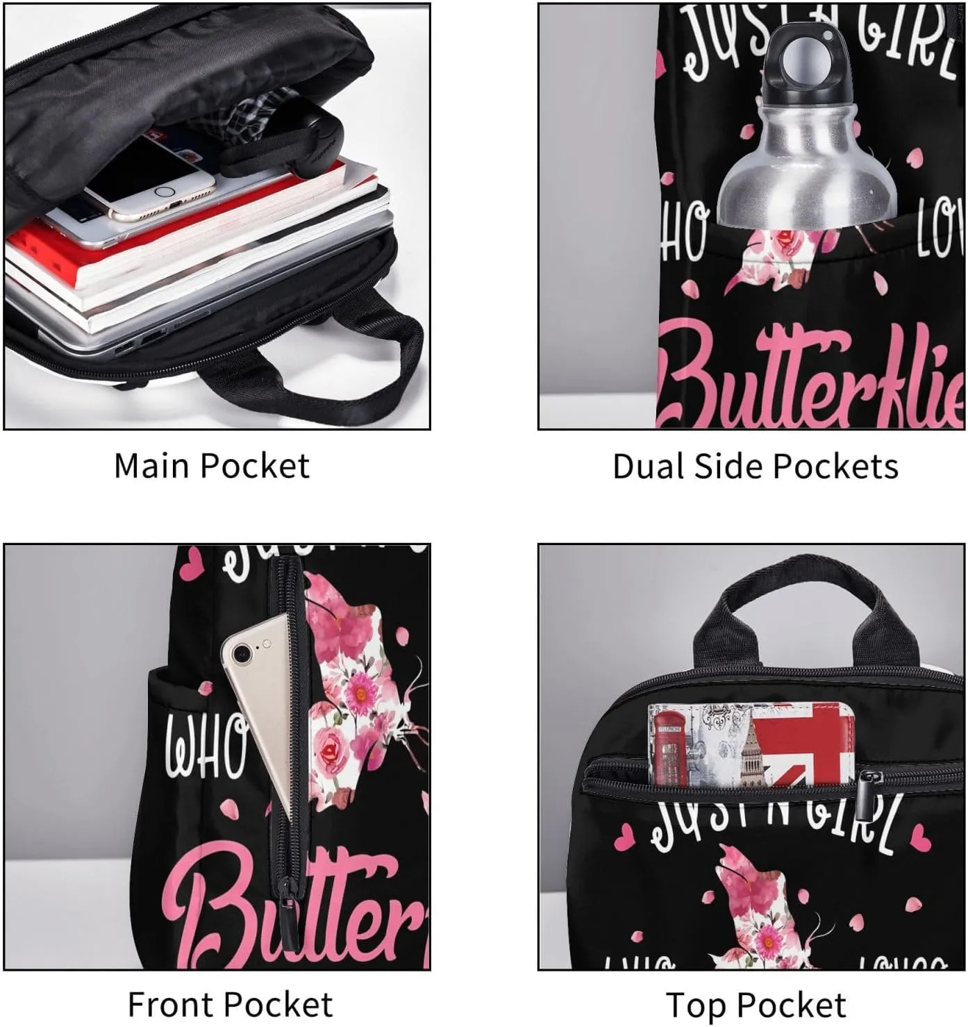 Just A Women Who Loves Butterflies Travel Laptop Backpack Casual Backpacks Double Shoulder Daypack Notebook Rucksack Work Bags Sports Bag for Gym Hiking Camping Beach