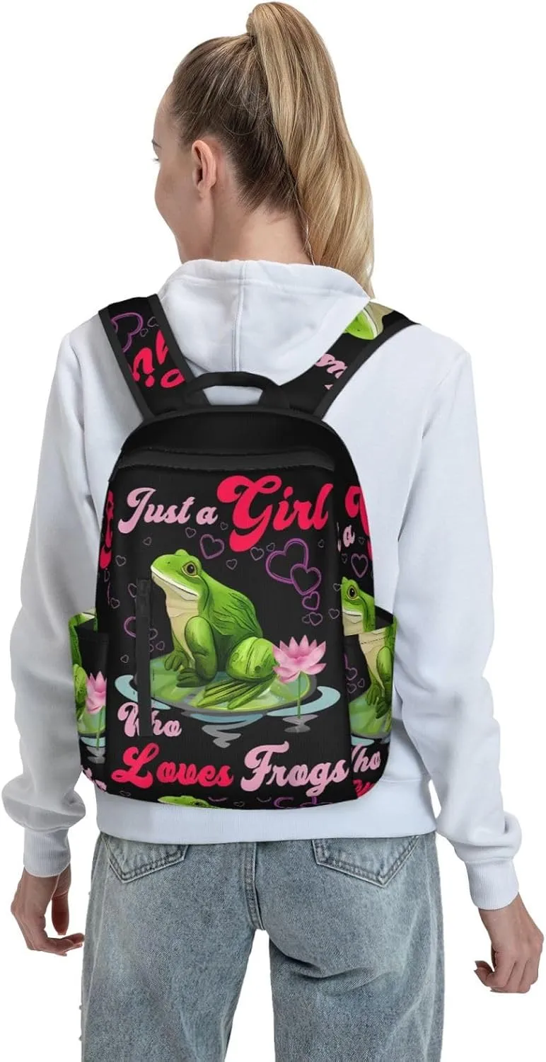 Just a Women Who Loves Frogs Travel Laptop Backpack Casual Backpacks Double Shoulder Daypack Notebook Rucksack Work Bags Sports Bag for Gym Hiking Camping Beach