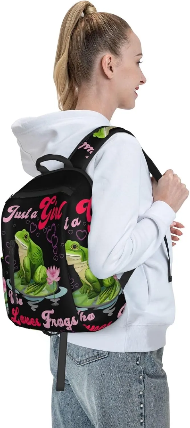 Just a Women Who Loves Frogs Travel Laptop Backpack Casual Backpacks Double Shoulder Daypack Notebook Rucksack Work Bags Sports Bag for Gym Hiking Camping Beach