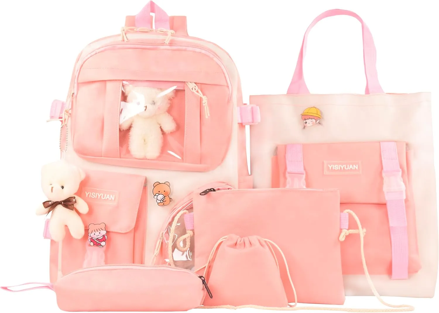 Kawaii Backpack for Girls 5 Pcs School Bookbag Cuet Kids Schoolbag with Accessories Crossbody Bags Pencil Case Handbag Coin Purse (Pink)