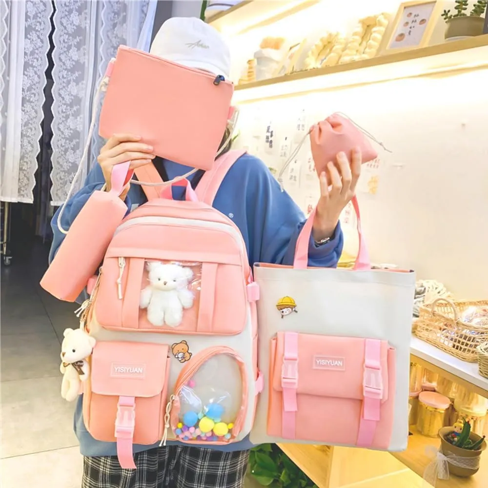 Kawaii Backpack for Girls 5 Pcs School Bookbag Cuet Kids Schoolbag with Accessories Crossbody Bags Pencil Case Handbag Coin Purse (Pink)