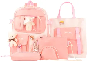 Kawaii Backpack for Girls 5 Pcs School Bookbag Cuet Kids Schoolbag with Accessories Crossbody Bags Pencil Case Handbag Coin Purse (Pink)